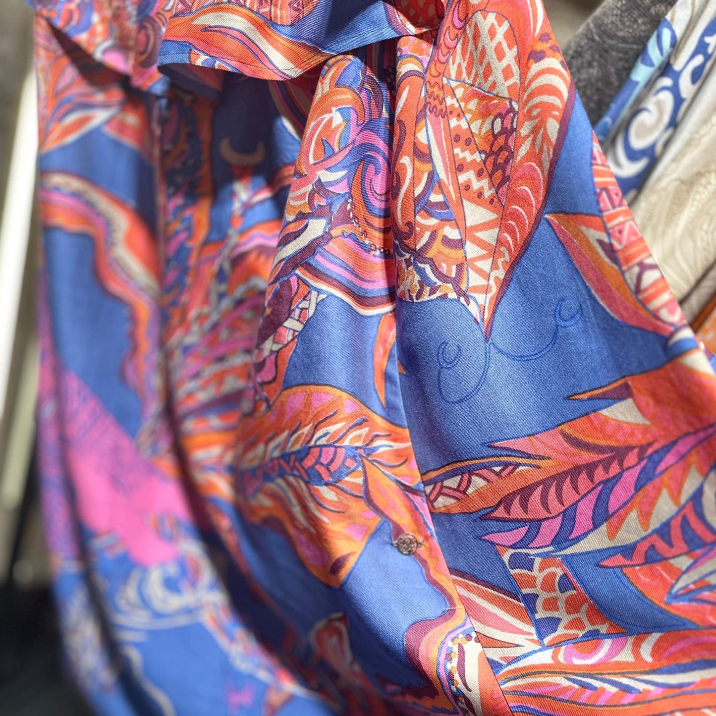 GARDEN EDEN Seidenkleid, Naturseide, handgewoben, Blau & orange, Unikat