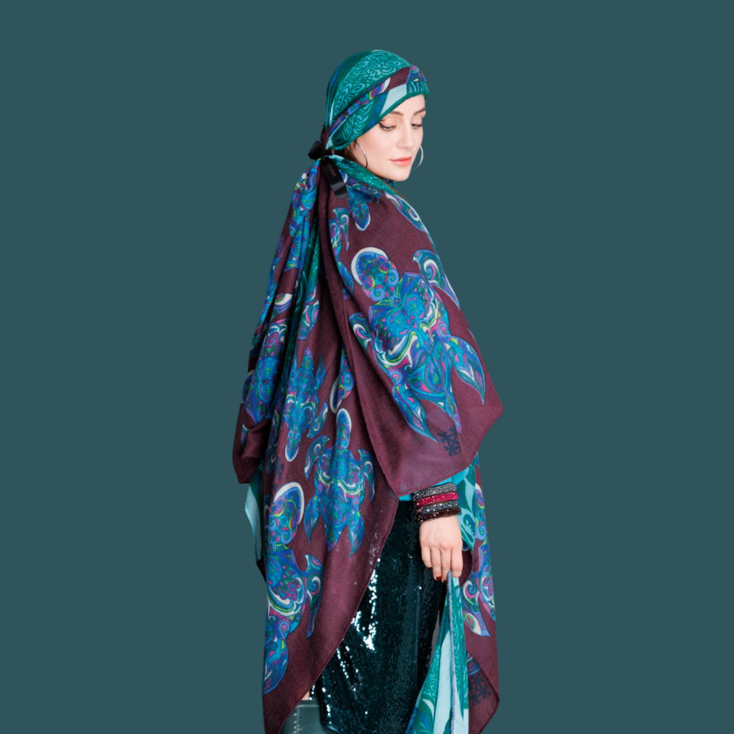 TURTLE LOVE Doubleface Kaschmir & Seiden Schal - 200x100 - Bordeaux & grűn, blau, türkis