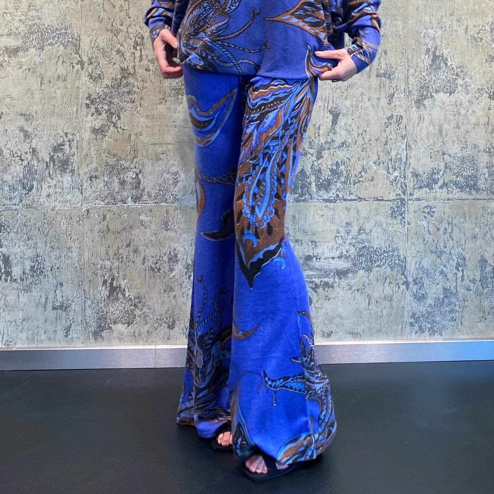 Hose SOUL FLOWERS, Feinstrick Kaschmir, mit Schlag, blau&braun, Ltd. 3