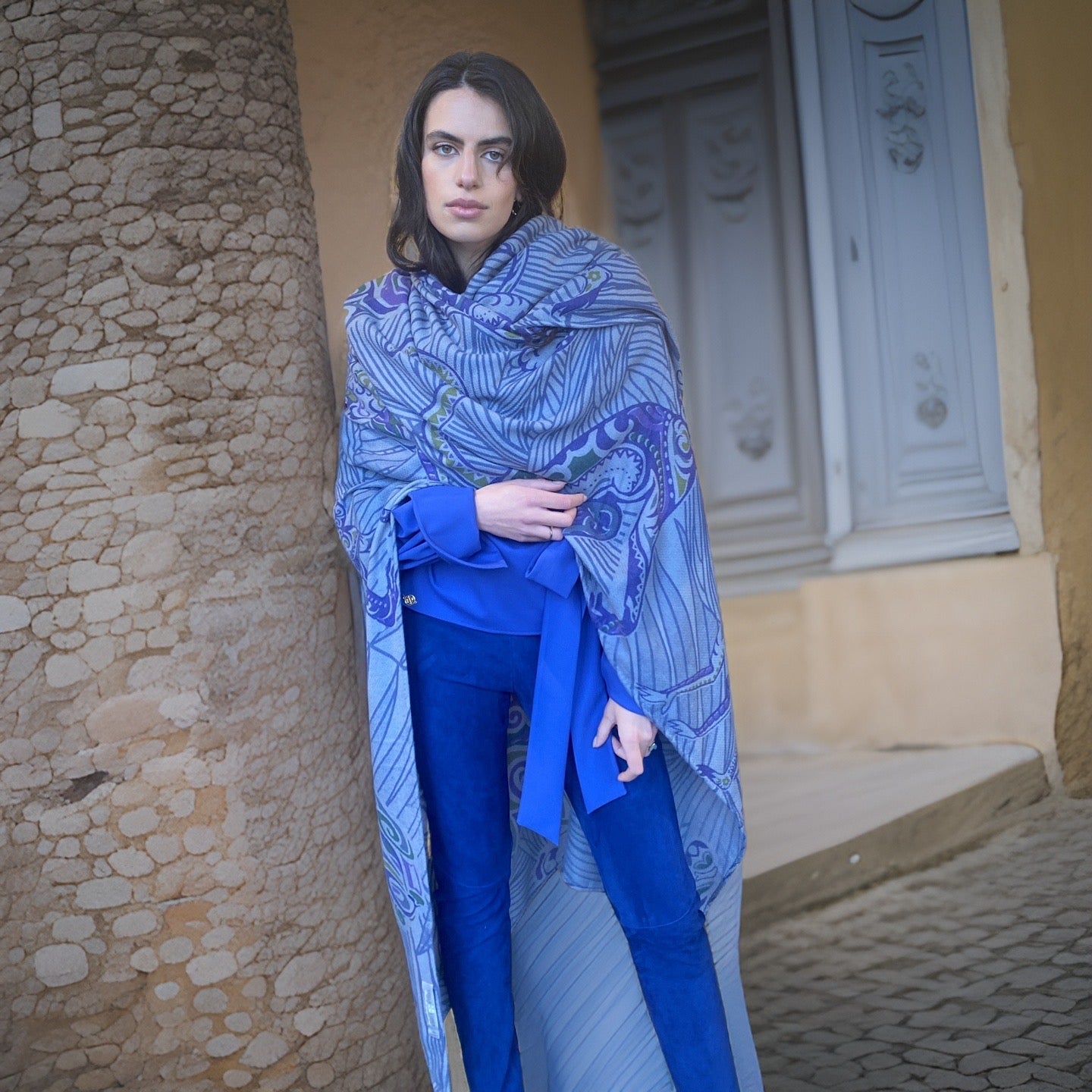 JUNGLE LOVE Kaschmir Cape/Stola, blue & gray, Unikat