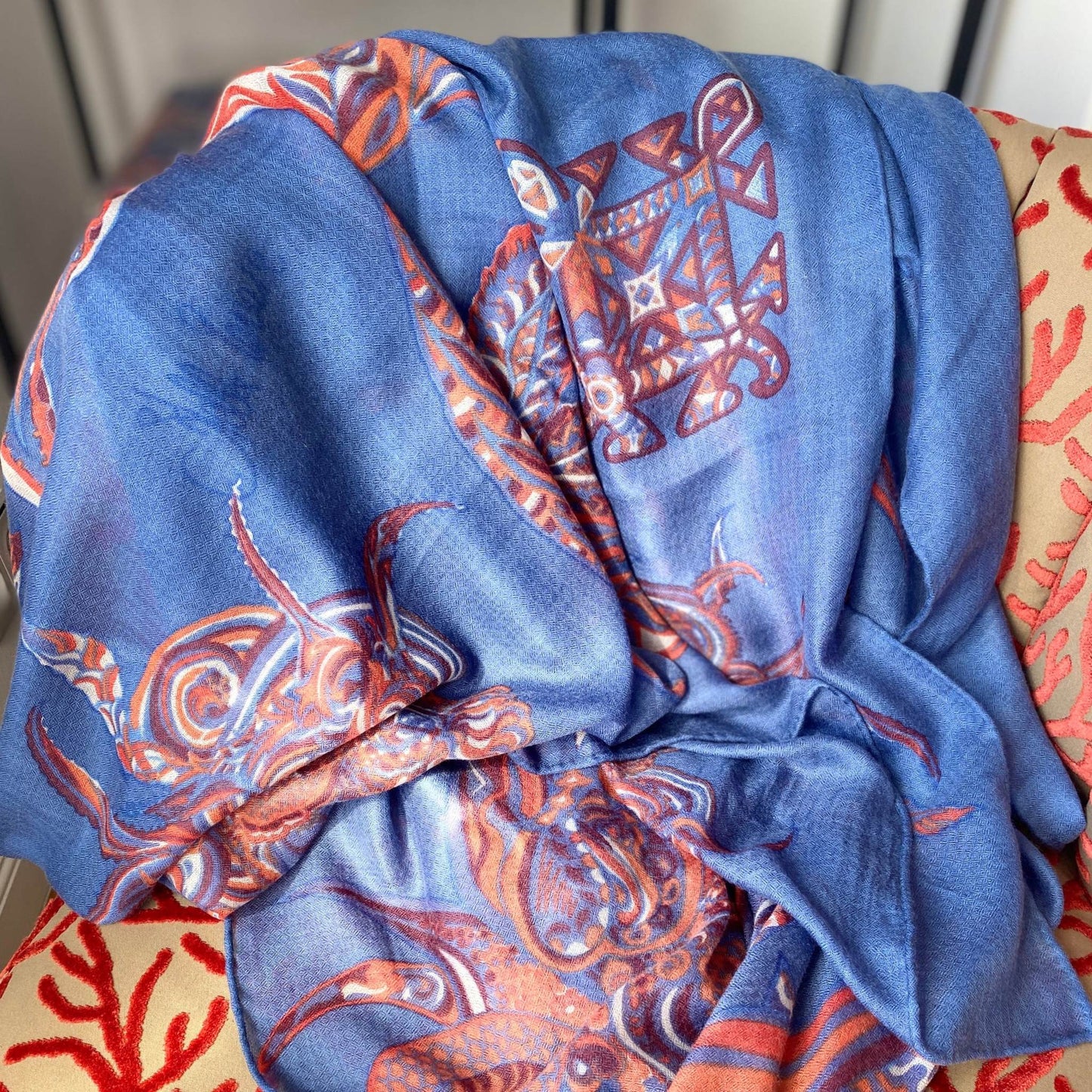 Schal SOUL FLOWERS leichter Baby-Kaschmir, blue&orange, limitiert 5 St