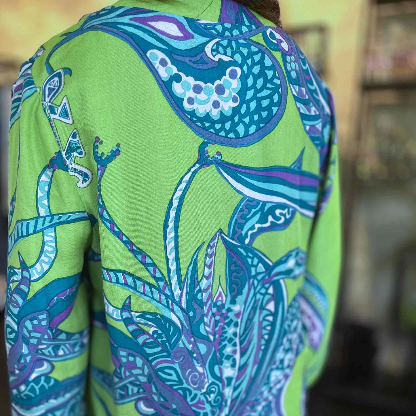 SOUL FLOWERS Wolle & Seiden Tunika, greenery & blue, UNIKAT