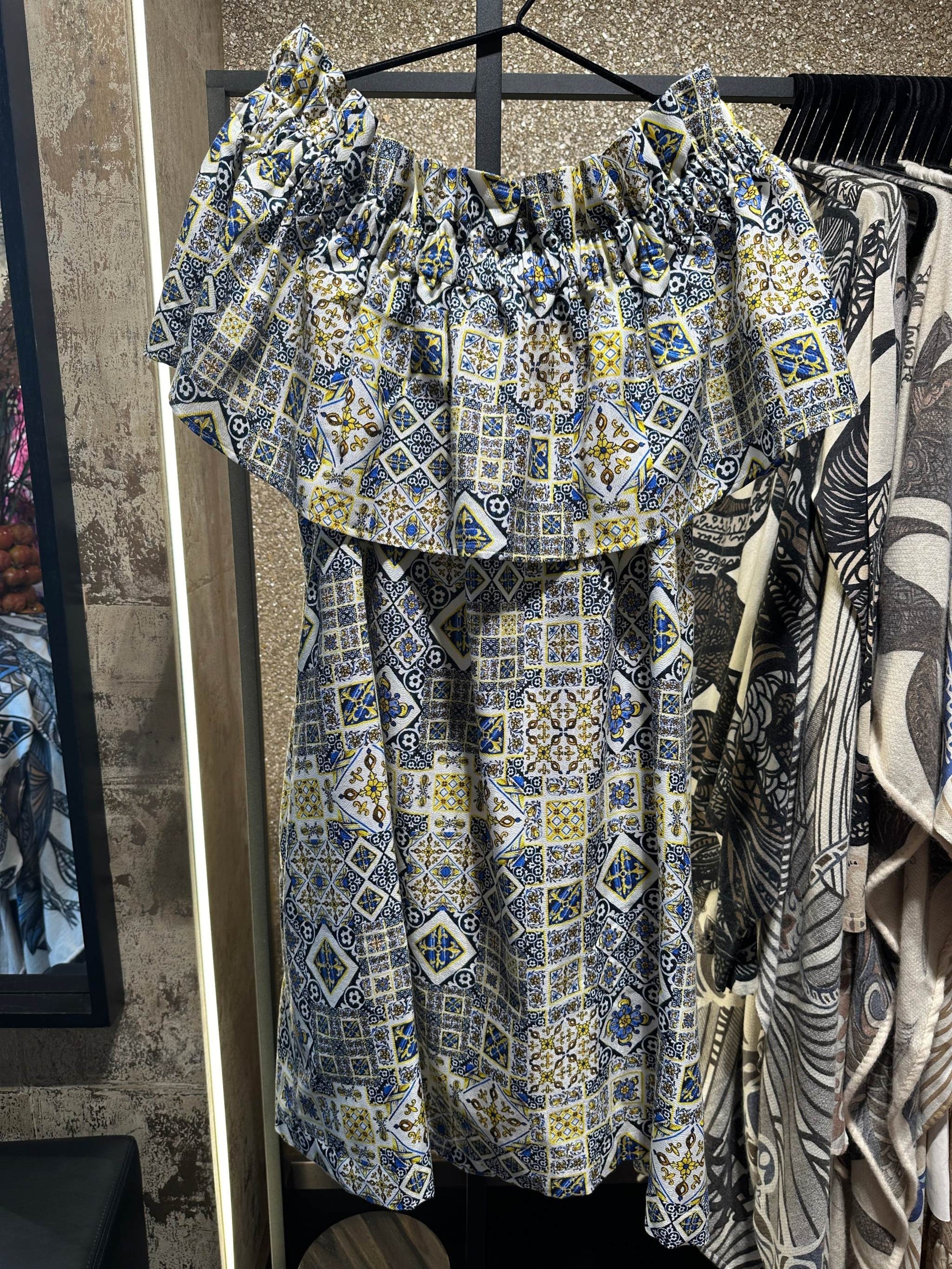 TIMELESS SUSTAINABLE COLLECTION Carmen Sommerkleid, Majolica Baumwoll-Jaquard, Blue/yellow, M, Unikat