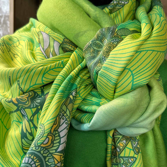 JUST 🐝 BEE Maxi Kleid, handgewobene 100 % Seide, green&yellow, Unikat