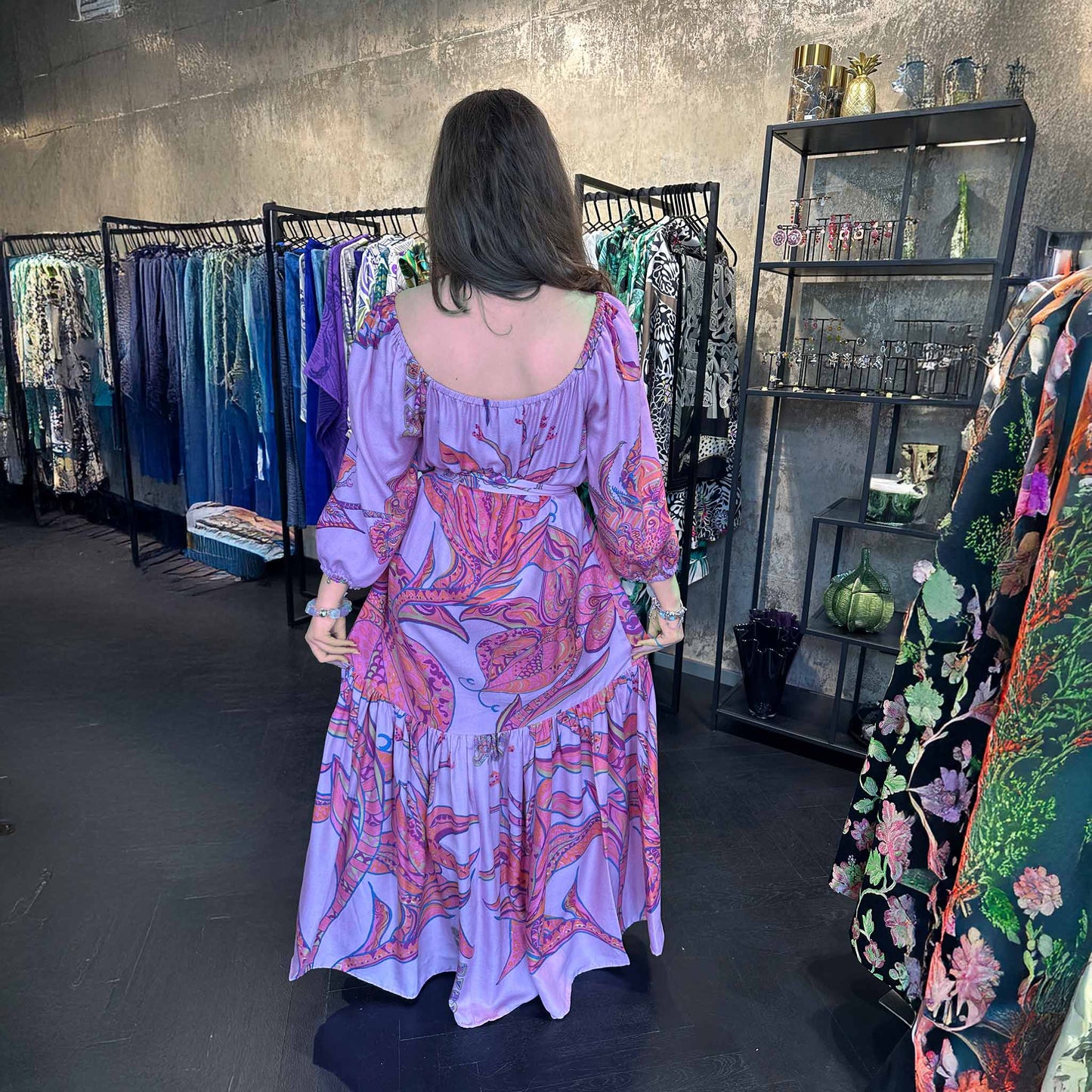 Maxi Kleid SOUL FLOWERS, handgewobene 100 % Seide, pink & purple, Unikat