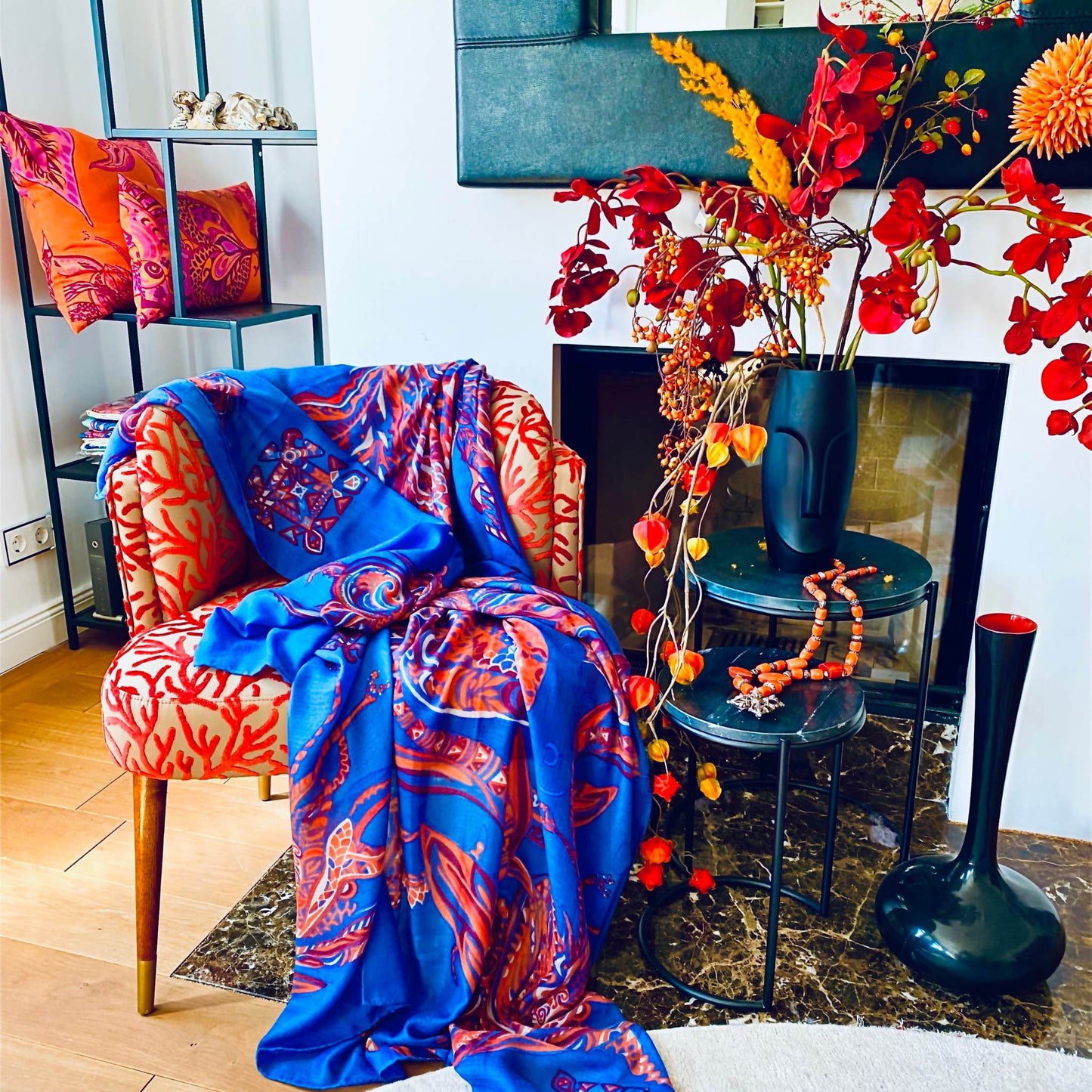 Schal SOUL FLOWERS leichter Baby-Kaschmir, blue&orange, limitiert 5 St