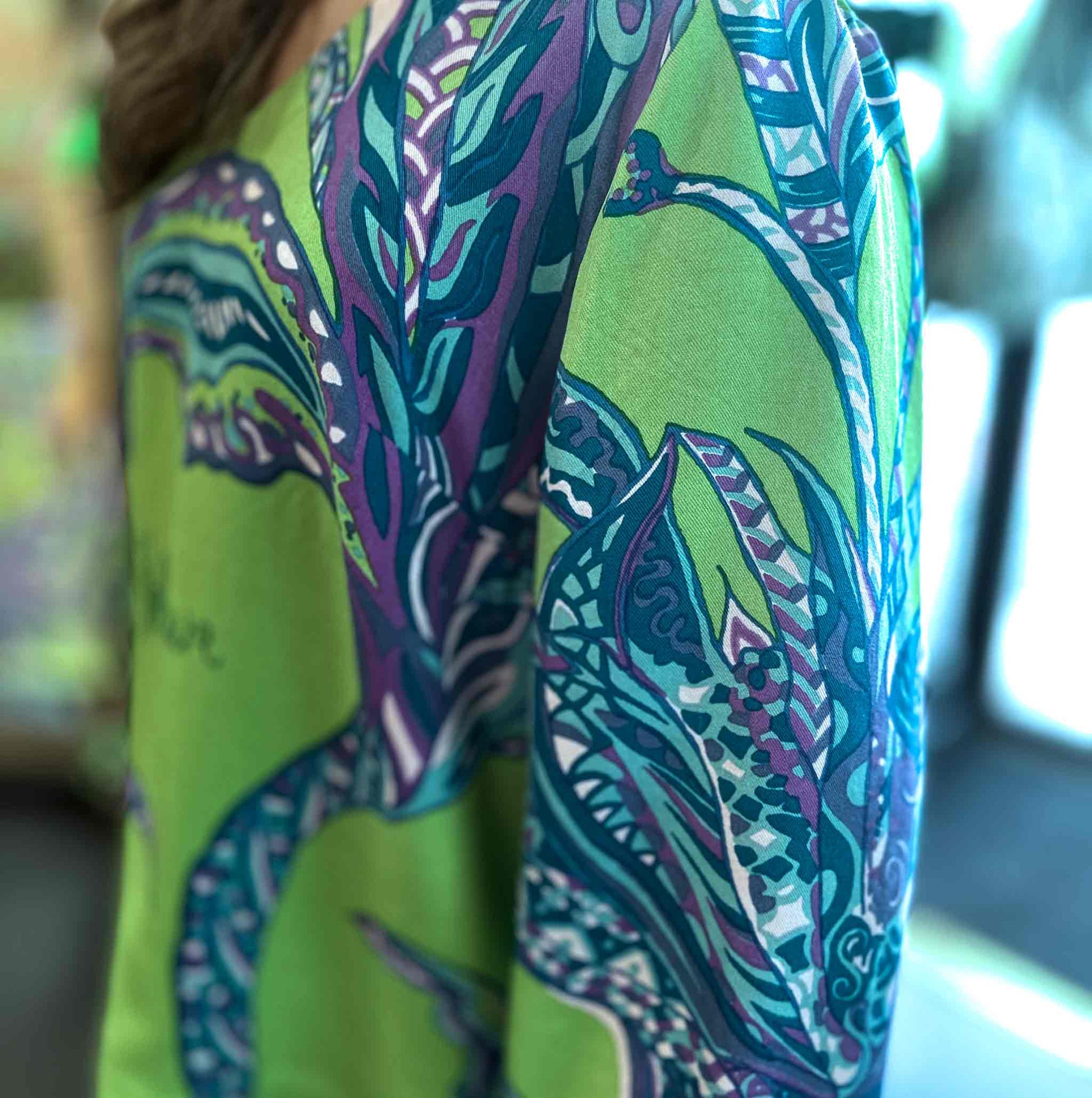 SOUL FLOWERS Wolle & Seiden Tunika, greenery & blue, UNIKAT