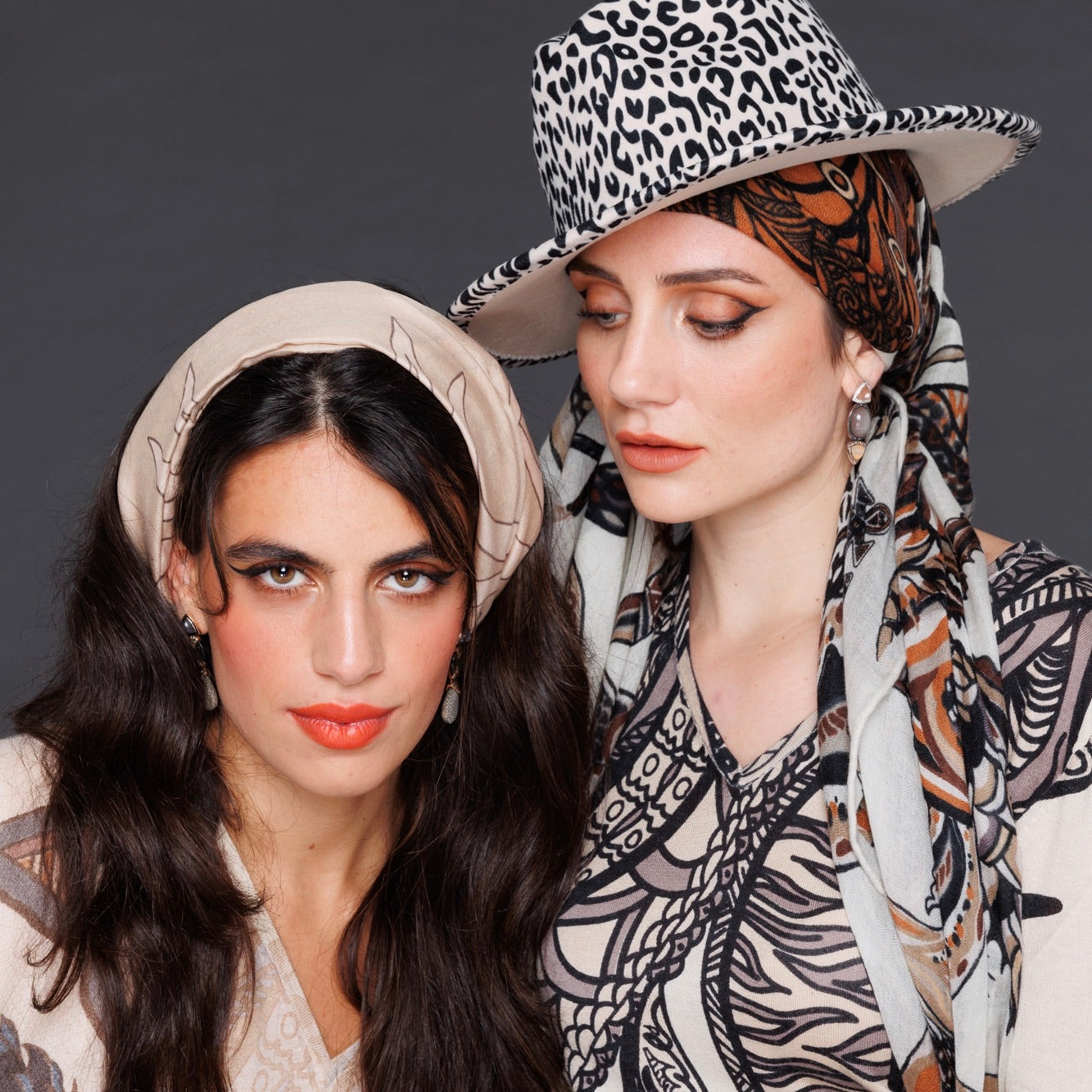 “SOUL LEAVES” GREIGE - handprinted from 100% light baby cashmere - limited to 5 pieces