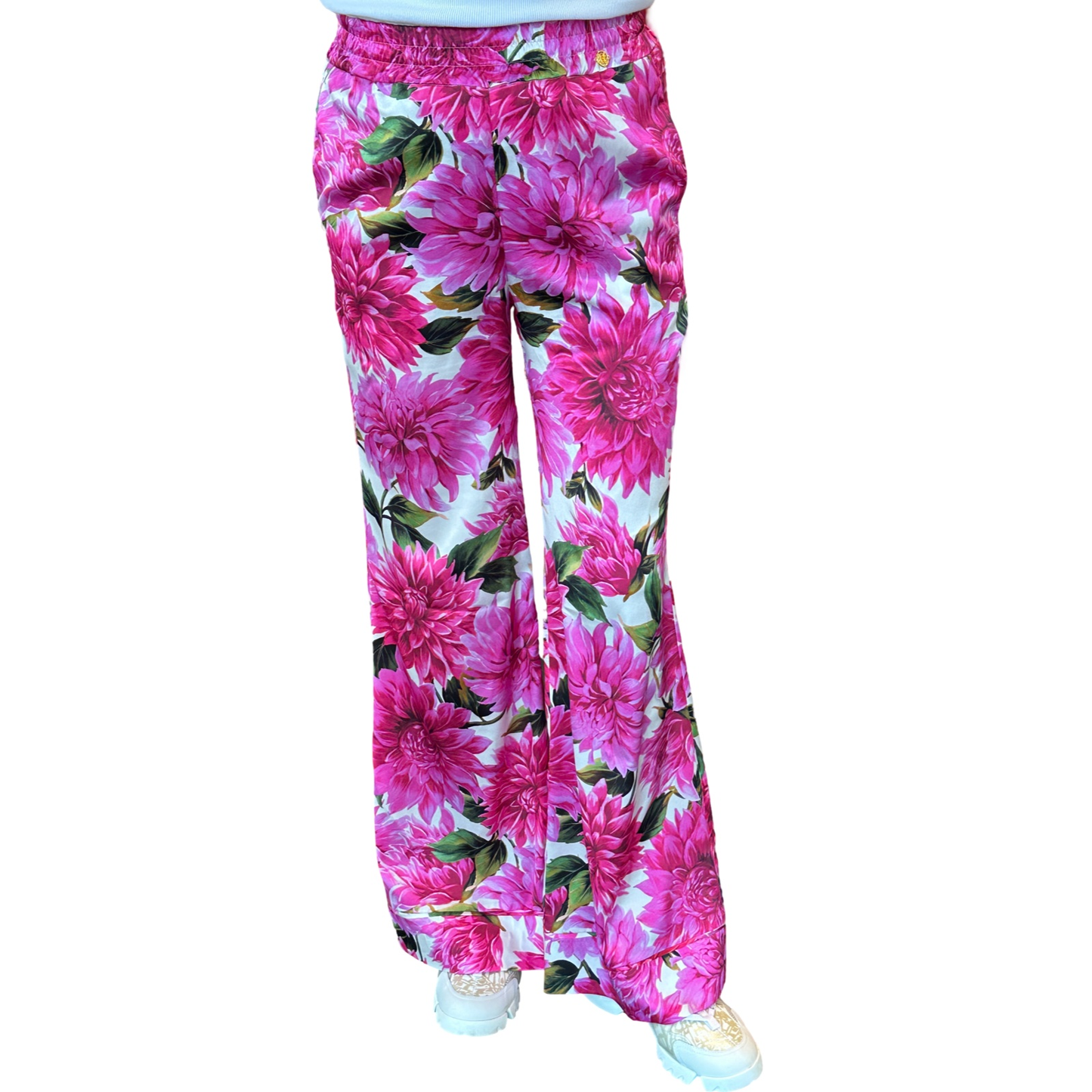 TIMELESS SUSTAINABLE COLLECTION Seiden Hose mit ausgestelltem Bein, Pink Dalias, M, Unikat