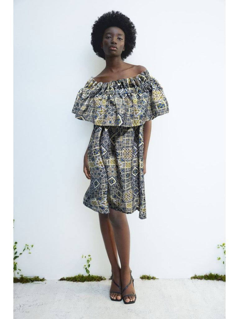 TIMELESS SUSTAINABLE COLLECTION Carmen Sommerkleid, Majolica Baumwoll-Jaquard, Blue/yellow, M, Unikat