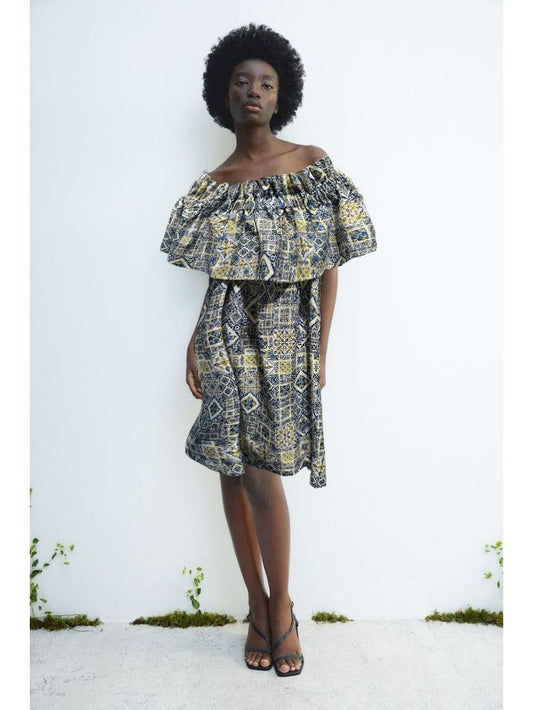 TIMELESS SUSTAINABLE COLLECTION Carmen Sommerkleid, Majolica Baumwoll-Jaquard, Blue/yellow, M, Unikat