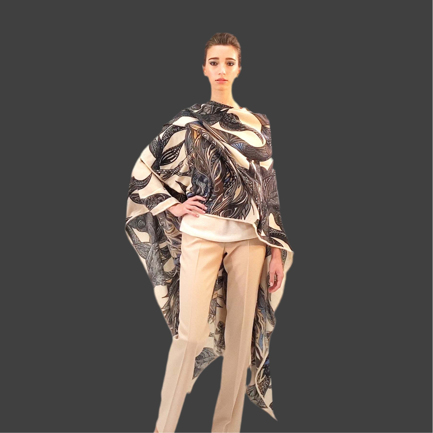 Cape FLAMINGO GARDEN 100% Kaschmir Cape, XL, denim black creme, Unikat