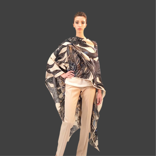 Cape FLAMINGO GARDEN 100% Kaschmir Cape, XL, denim black creme, Unikat