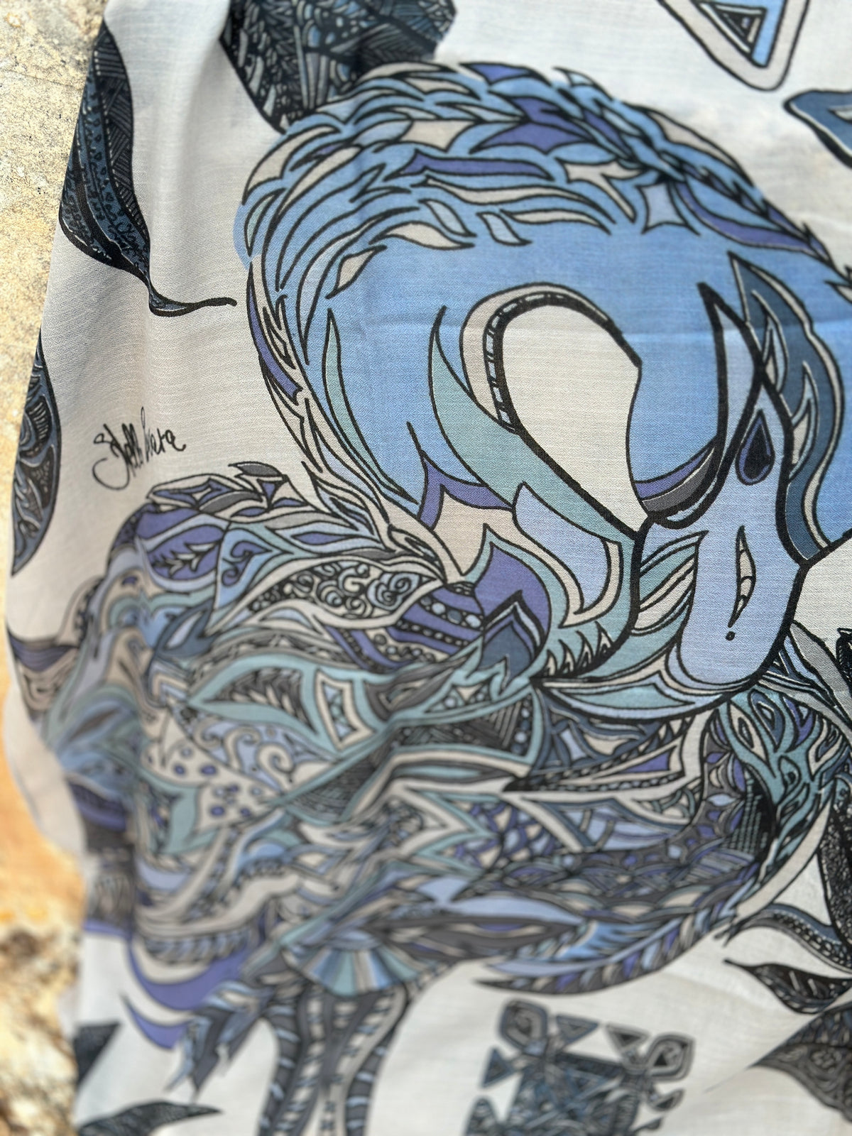 Kaschmir XL Schal „FLAMINGO GARDENS“ Limited Edition / Cashmere beige& Blues
