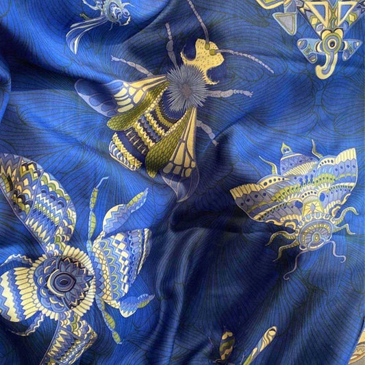 Schal zweilagig doubleface Seide bedruckt "JUST BEES" 100x200 Rückseite 100% Kaschmir Blau-Grün