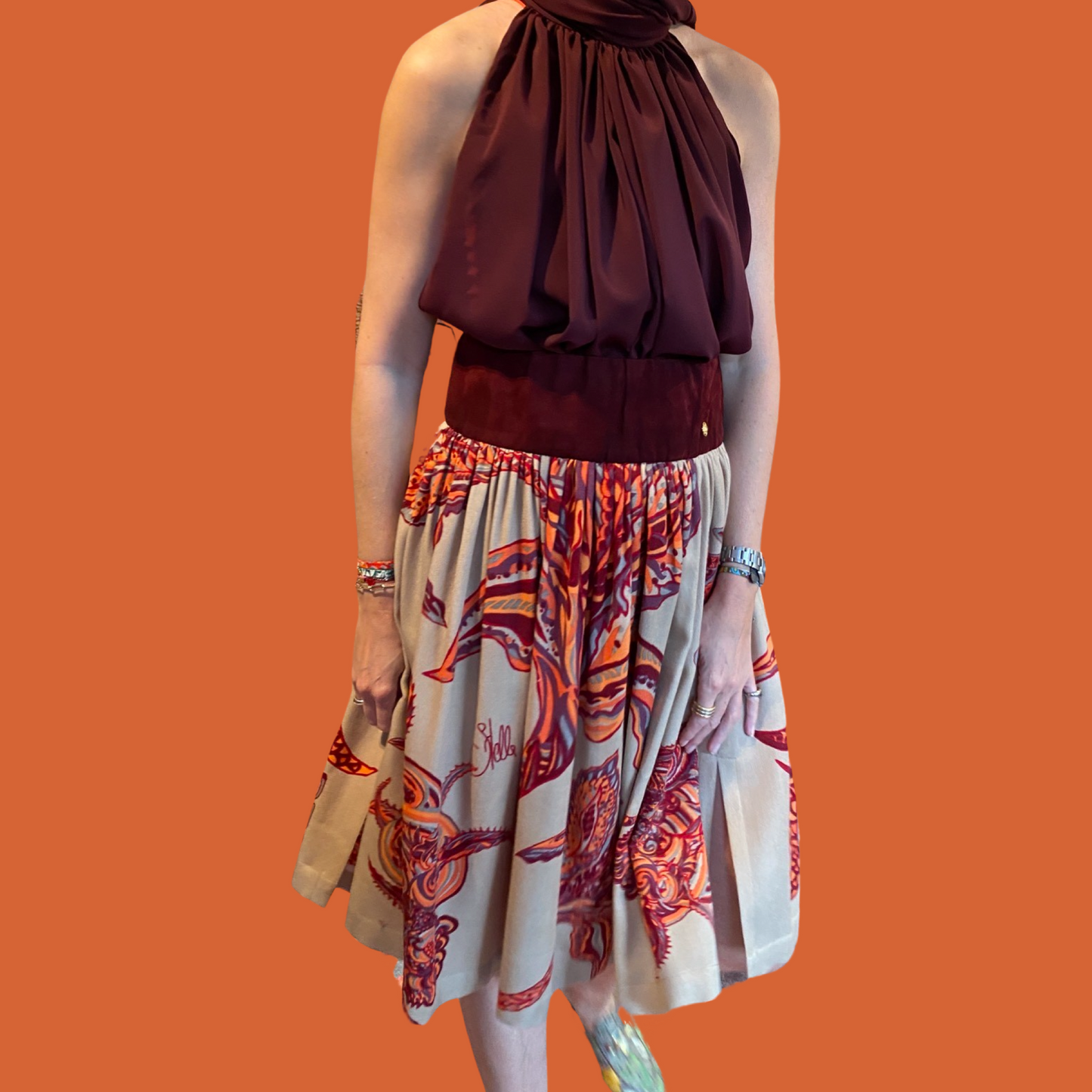 SOUL FLOWERS Kaschmir & Seide Midi Rock mit Veloursleder-Bund, orange & beige, Unikat