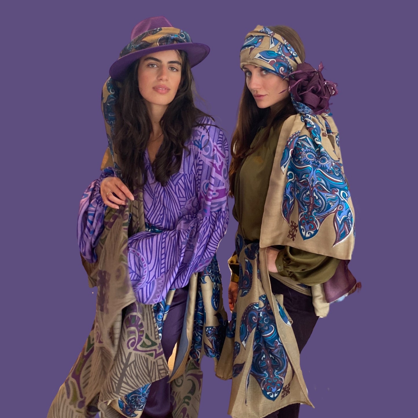 Kaschmir CAPE -JUNGLE LOVE- Stola- handgefertigt 200x140 - olive and taupe - Unikat!