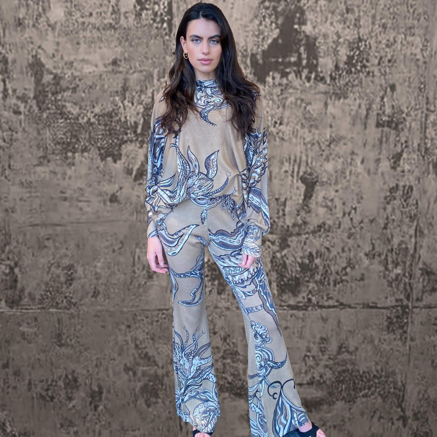 SOUL FLOWERS Feinstrick Kaschmir Hose mit Schlag, beige & sch/w,  Limited Edition #3