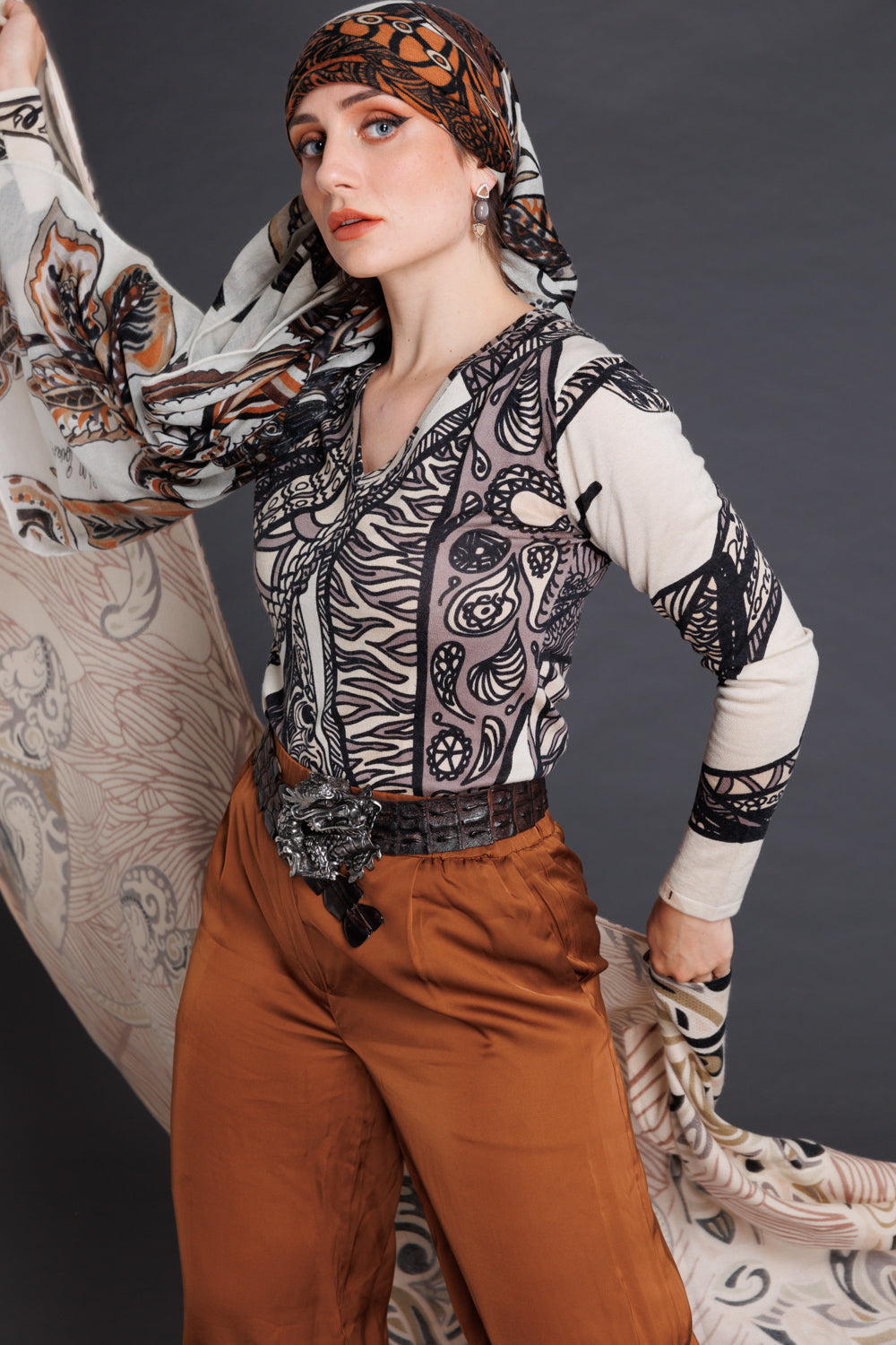 “SOUL LEAVES” GREIGE - handprinted from 100% light baby cashmere - limited to 5 pieces