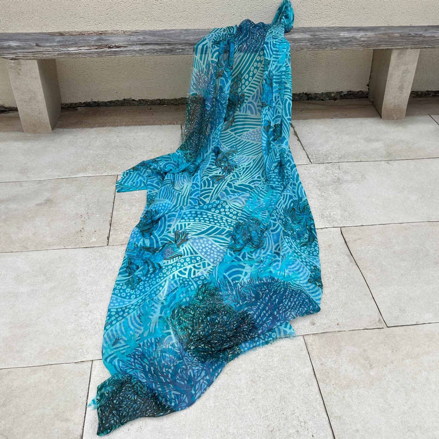 Schal Deep Ocean, feiner Kaschmir, XL 140x200cm, Motiv JUNGLE, Unikat