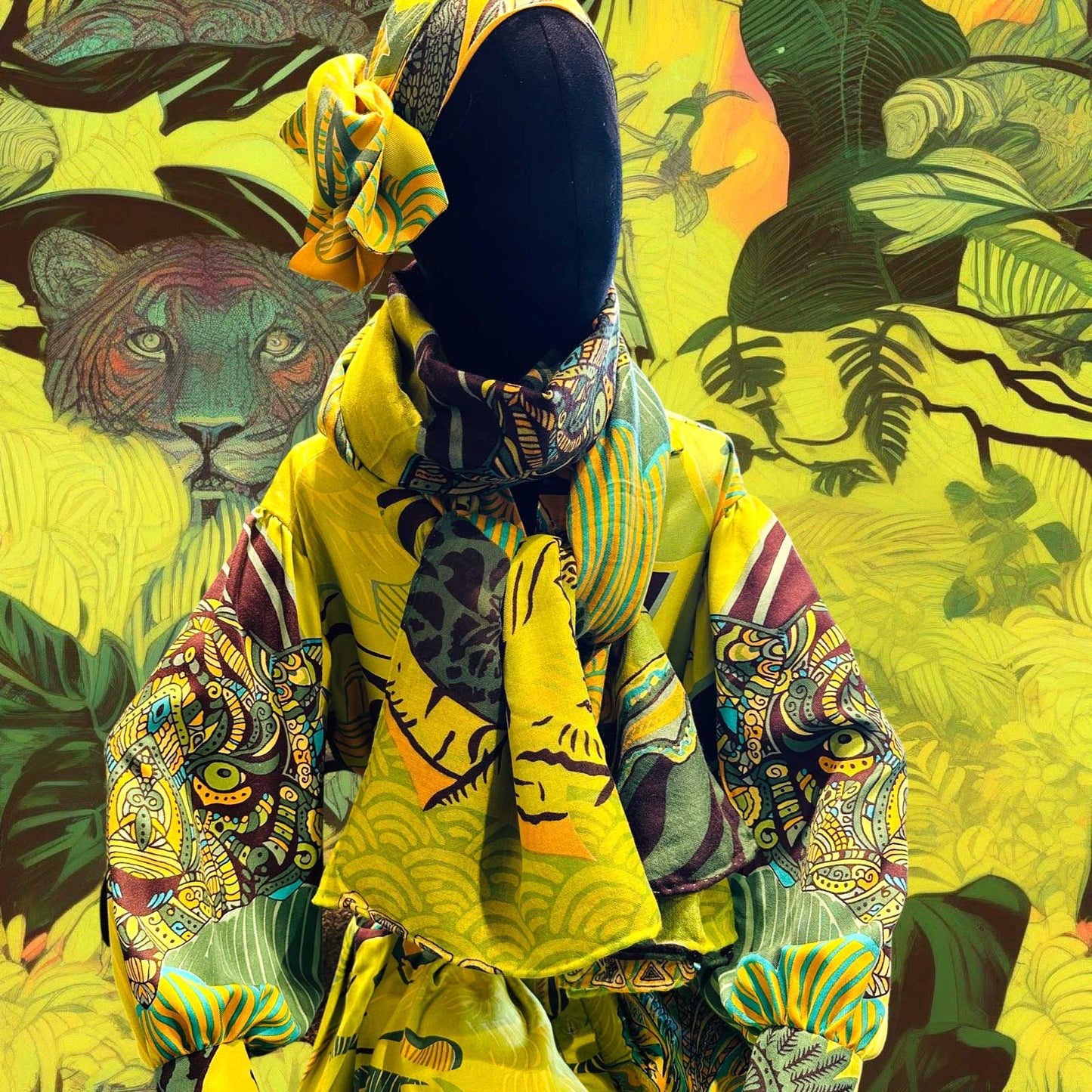 Seidenbluse/Tunika WILD FAMILY BONDS, grün & gelb, UNIKAT