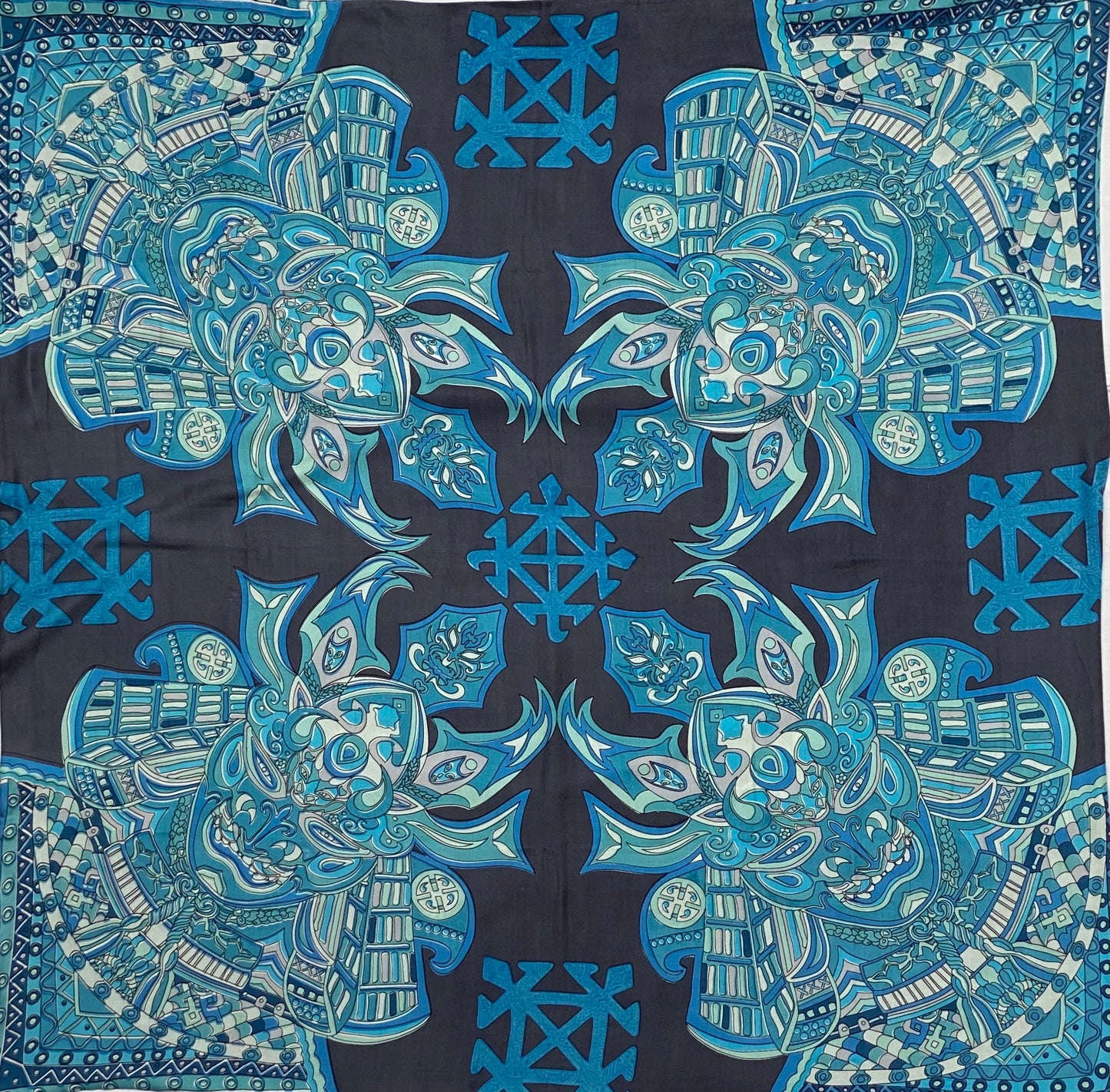 4 SAMURAIS- 150x150 XL Tuch/Stola -Seide Doubleface - Blau/türkis - Limited Edition #2