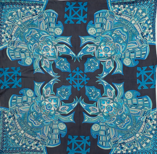 4 SAMURAIS- 150x150 XL Tuch/Stola -Seide Doubleface - Blau/türkis - Limited Edition #2