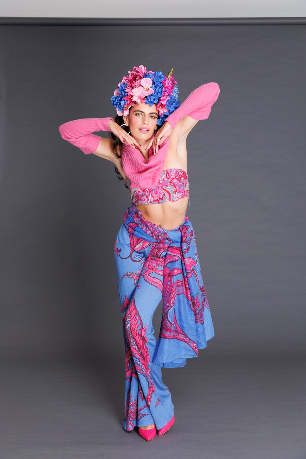 Hose SOUL FLOWERS, 70/30 Kaschmir-Seide, mit Schlag, pink&blue, UNIKAT