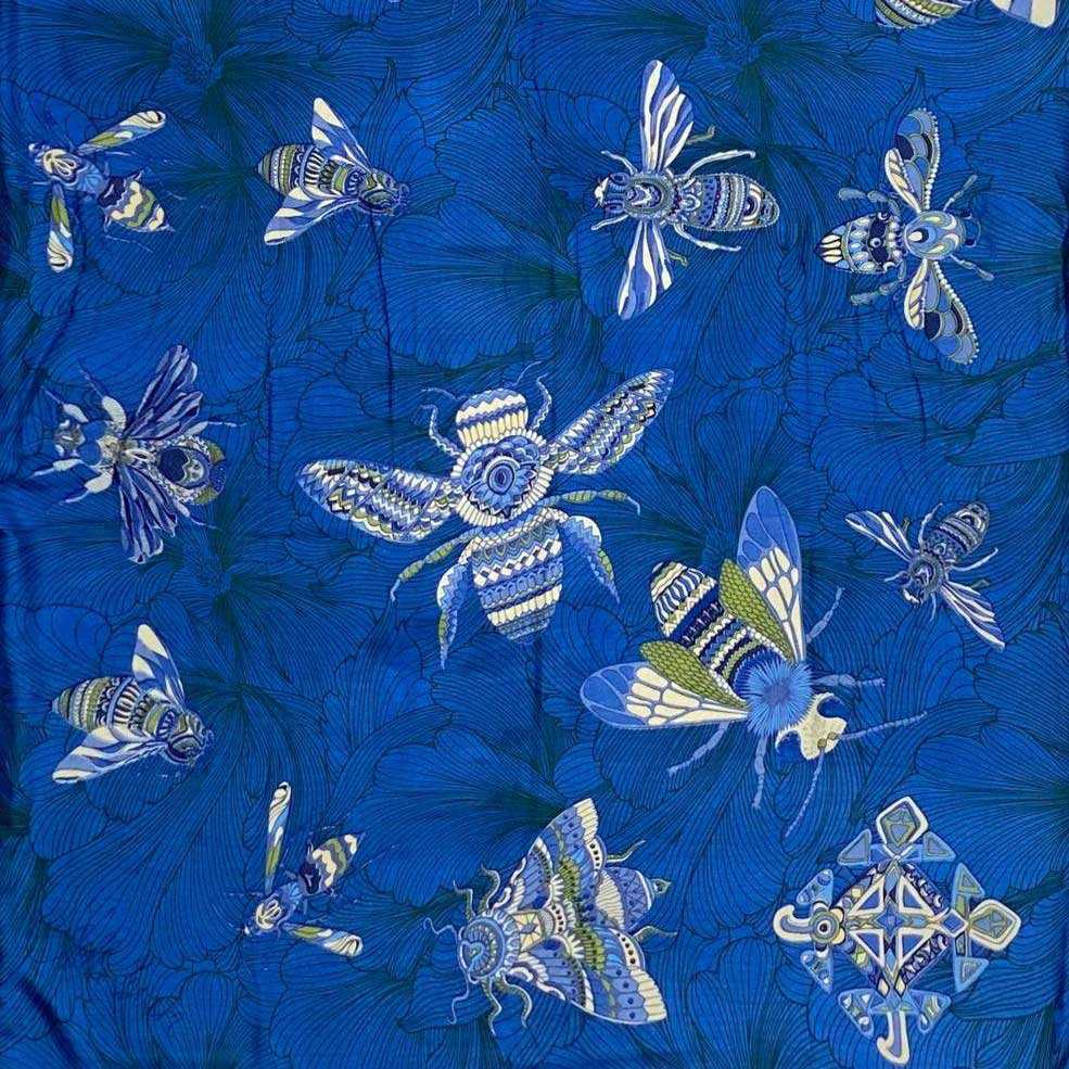Schal Kaschmir und Seide DOUBLE FACE Motiv JUST BEES 100x200 Blau-Grün