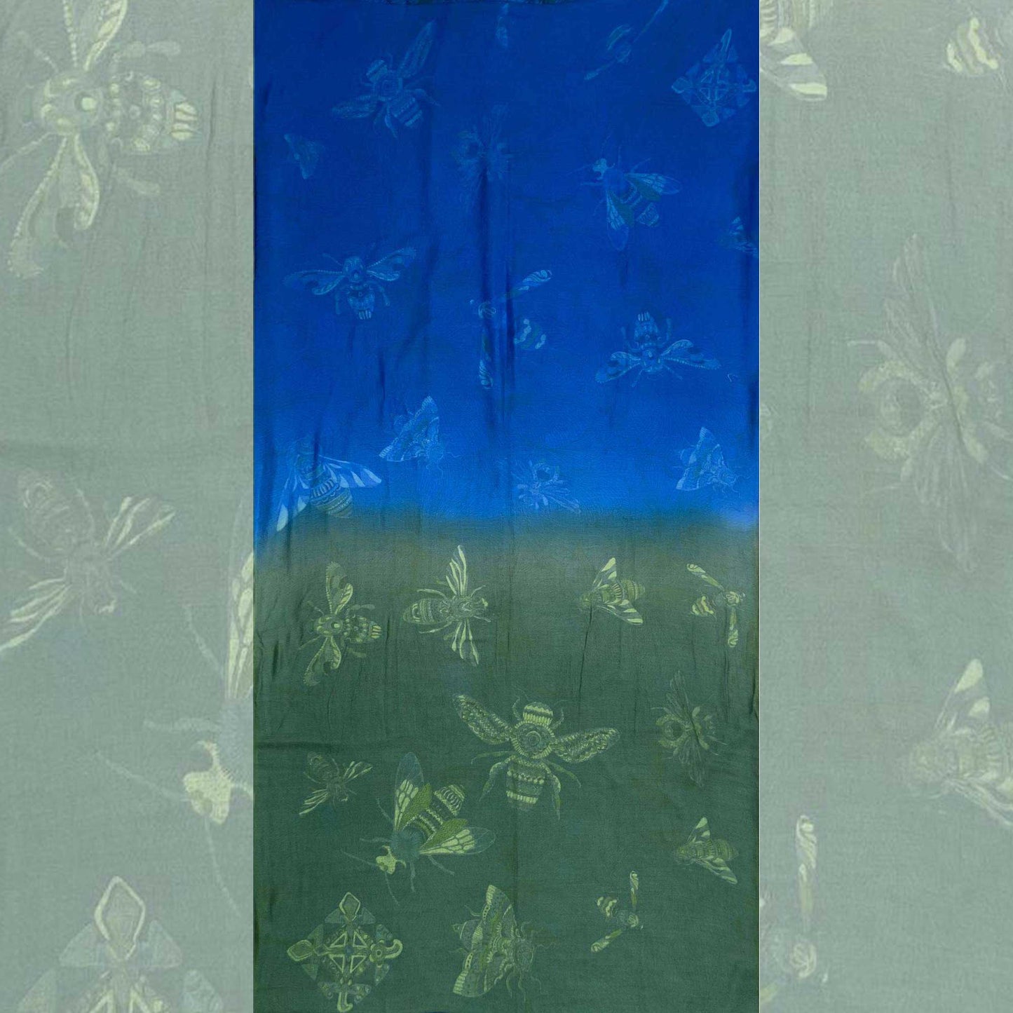 Schal zweilagig doubleface Seide bedruckt "JUST BEES" 100x200 Rückseite 100% Kaschmir Blau-Grün