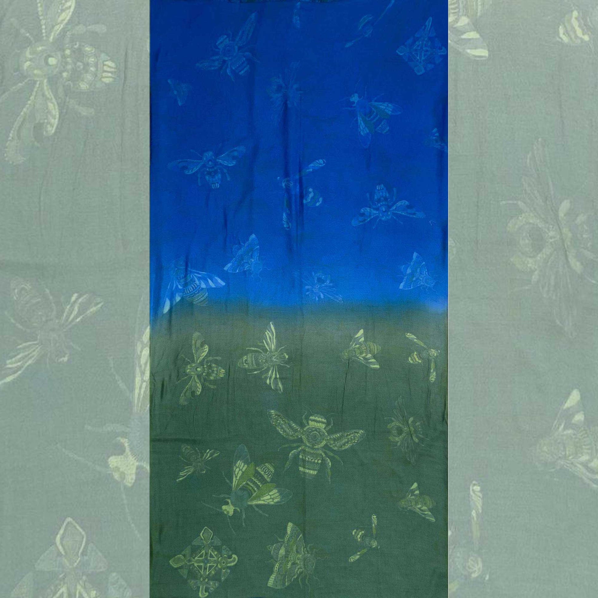 Schal zweilagig doubleface Seide bedruckt "JUST BEES" 100x200 Rückseite 100% Kaschmir Blau-Grün