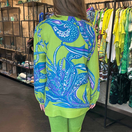 SOUL FLOWERS Wolle & Seiden Tunika, greenery & blue, UNIKAT