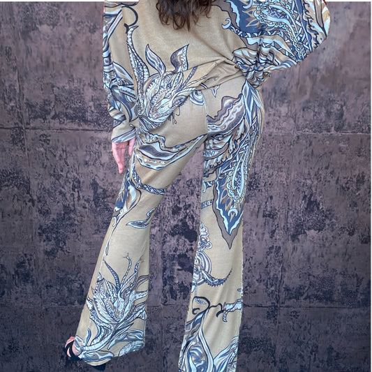 Fine knit cashmere silk trousers 70/30 with flare - SOUL FLOWERS - hand printed - unique - black & beige