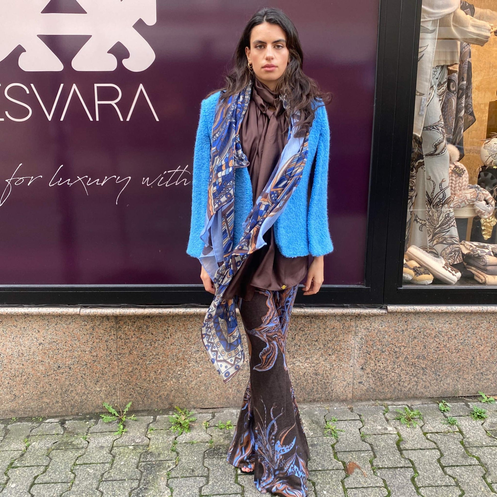 Hose SOUL FLOWERS Feinstrick-Kaschmir mit Schlag, Braun&blau, Limited3