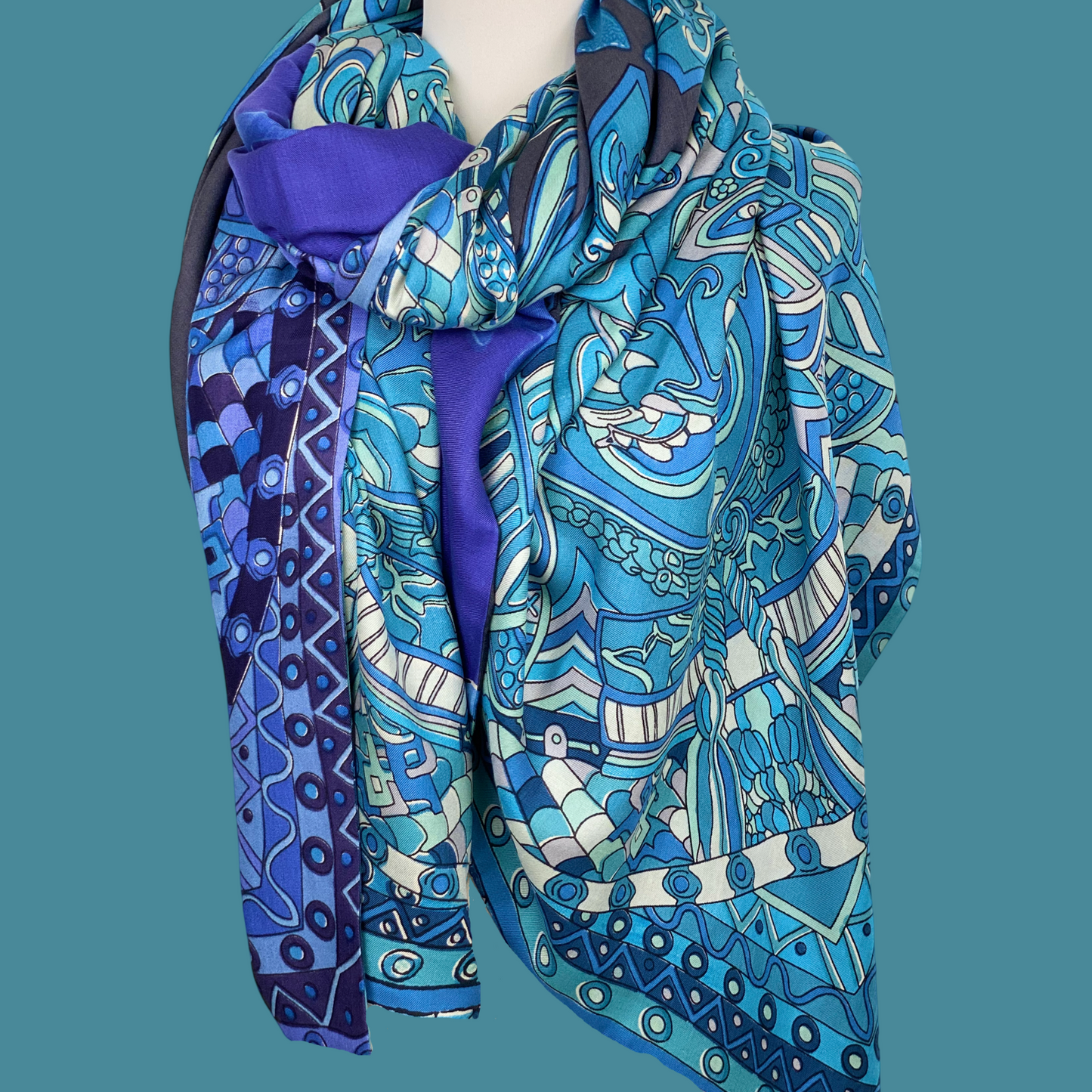 4 SAMURAIS- 150x150 XL Tuch/Stola -Seide Doubleface - Blau/türkis - Limited Edition #2