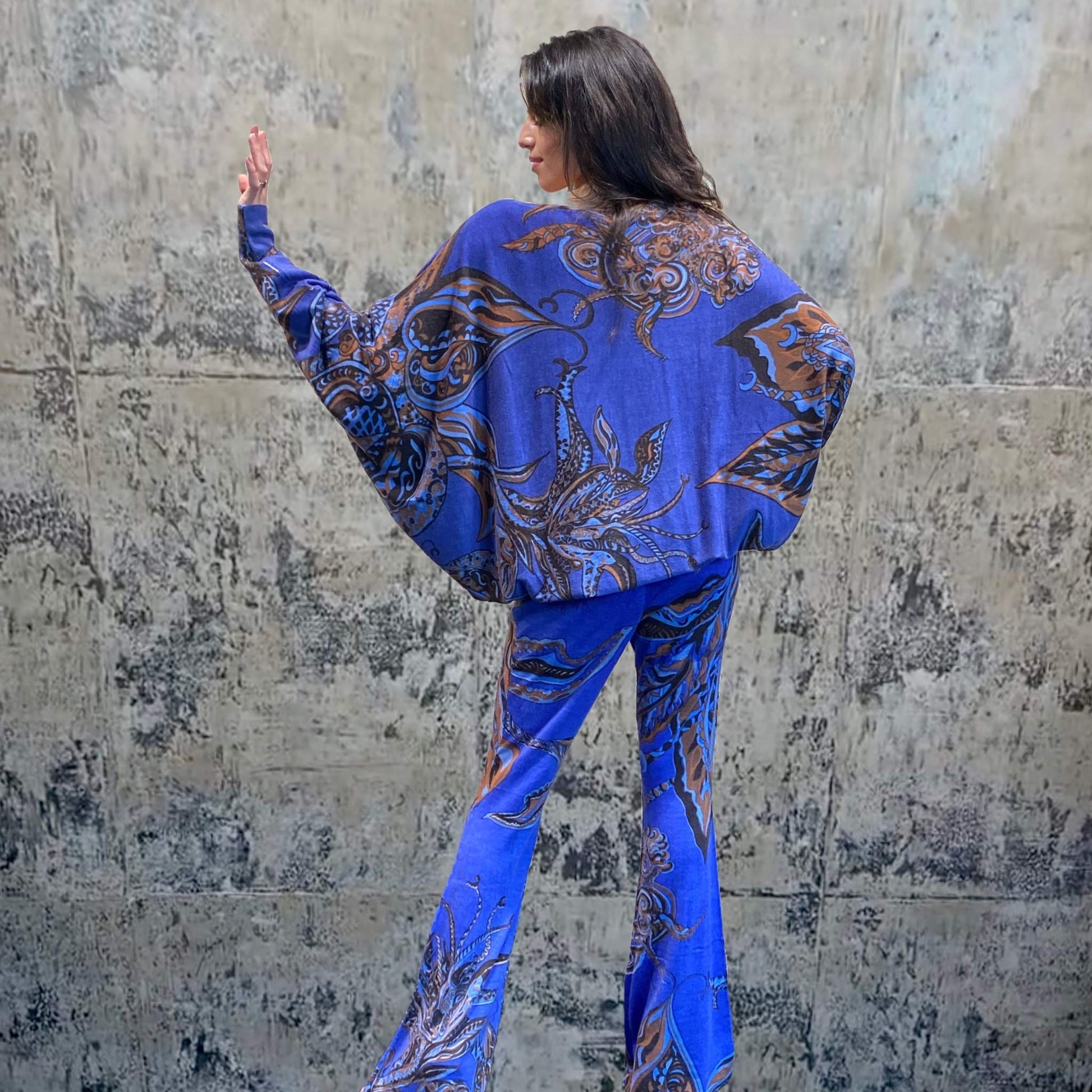 Hose SOUL FLOWERS, Feinstrick Kaschmir, mit Schlag, blau&braun, Ltd. 3