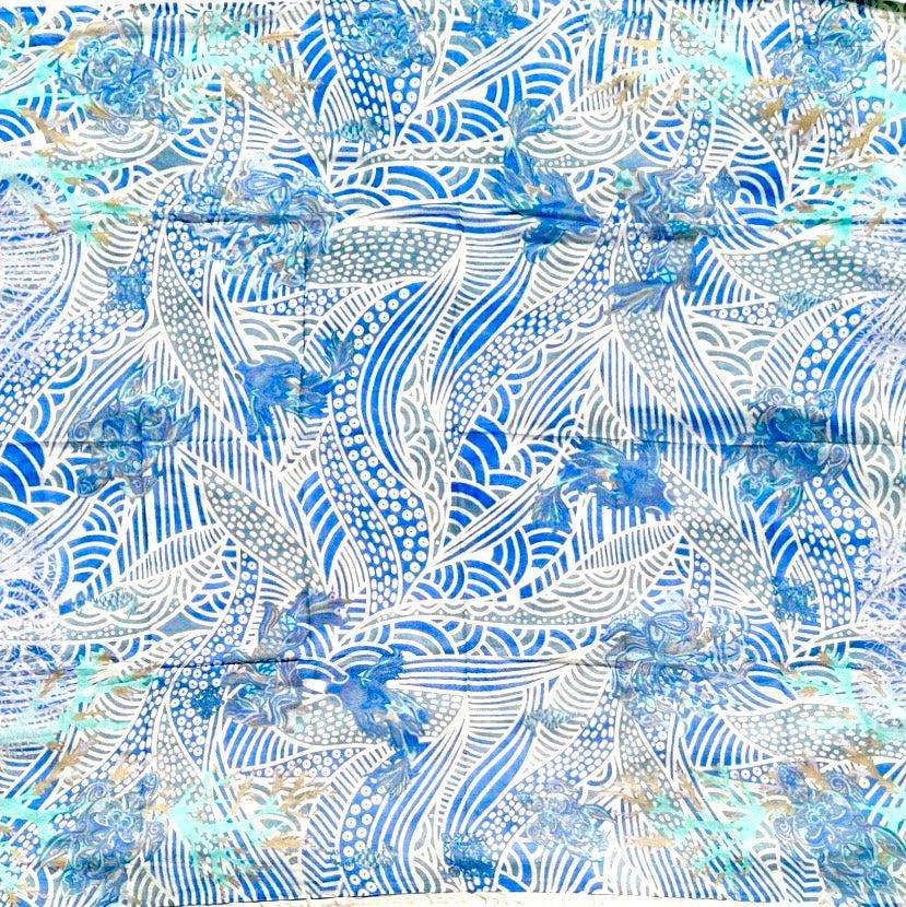 DEEP OCEAN Kaftan, Natur-Seide, handgewoben, weiß & blau, Unikat