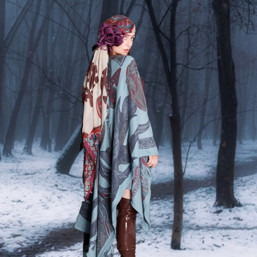 FLAMINGO GARDEN Kaschmir Cape/Stola, hellblau & bordeau & braun, limited 4/6