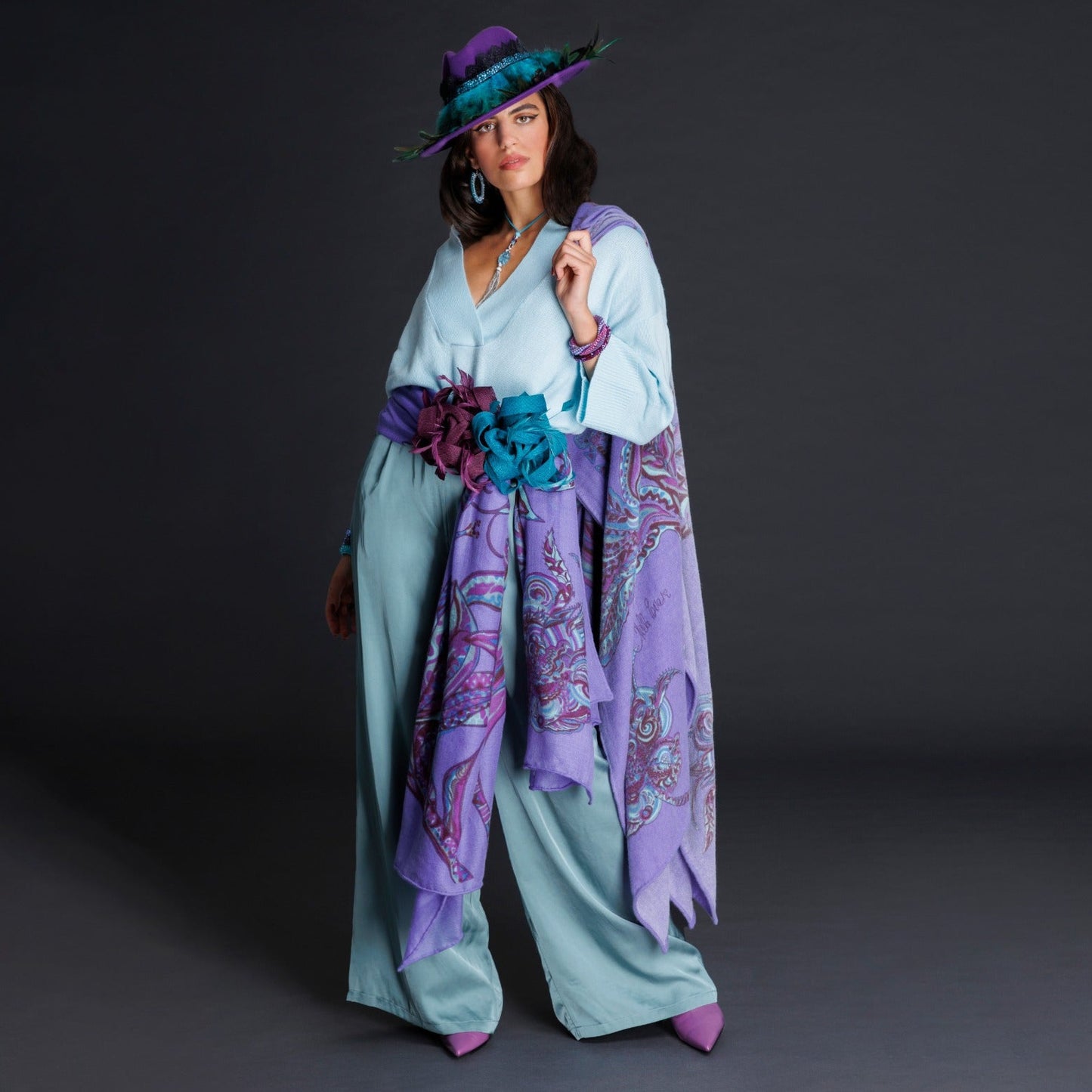 Cashmere stole cape “FLAMINGO GARDEN” LIMITED EDITION 3/6