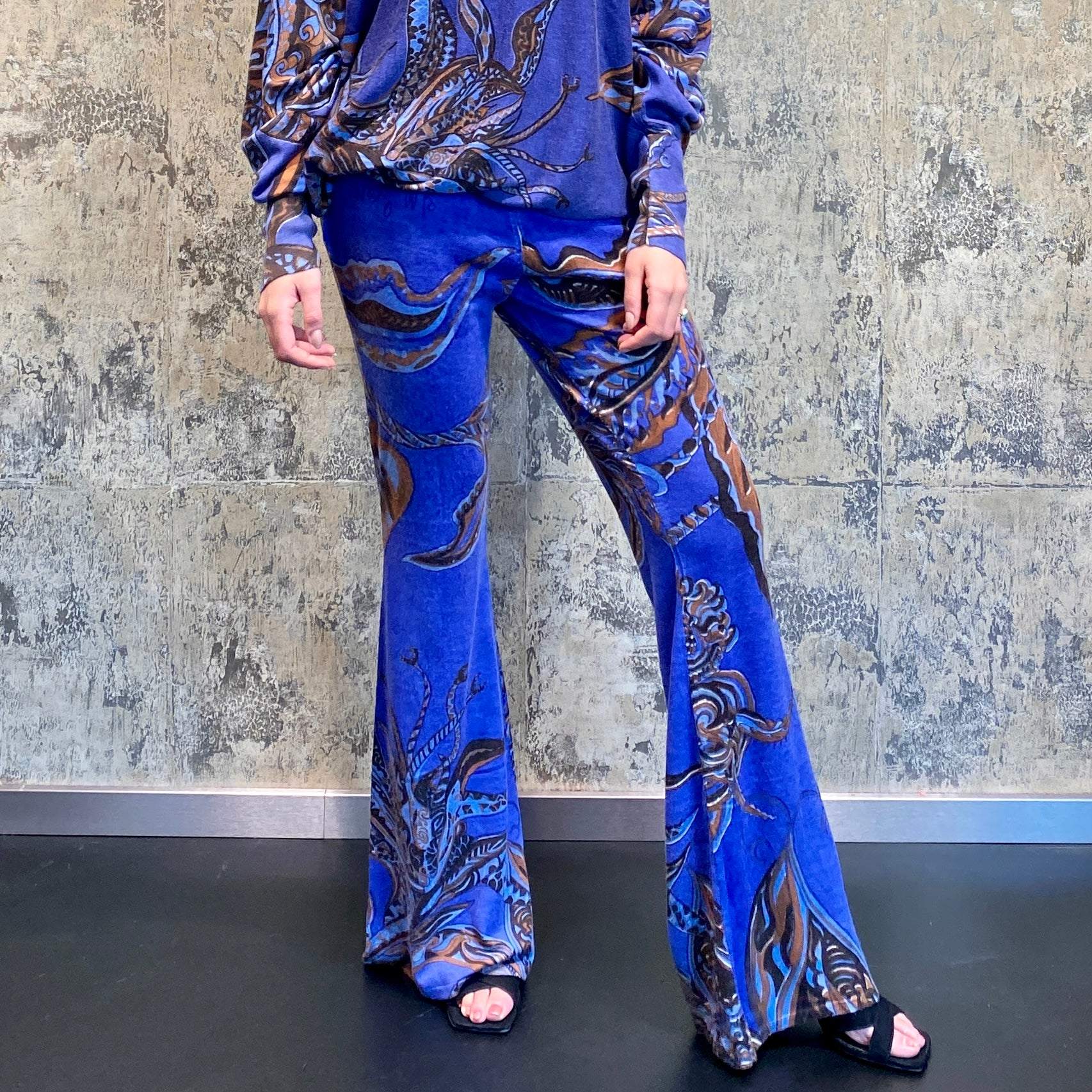 Hose SOUL FLOWERS, Feinstrick Kaschmir, mit Schlag, blau&braun, Ltd. 3