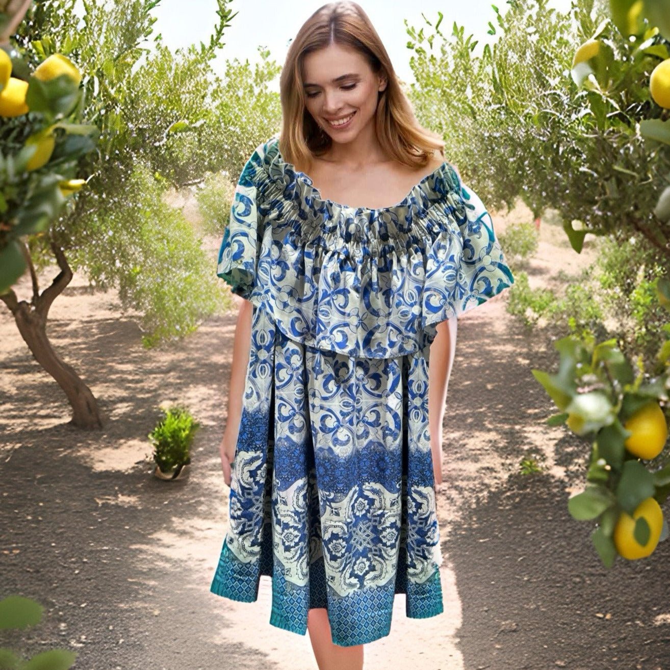 TIMELESS SUSTAINABLE COLLECTION Sommerkleid Carmen, Majolica Baumwolle, M, Unikat