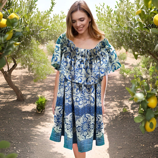 TIMELESS SUSTAINABLE COLLECTION Sommerkleid Carmen, Majolica Baumwolle, M, Unikat