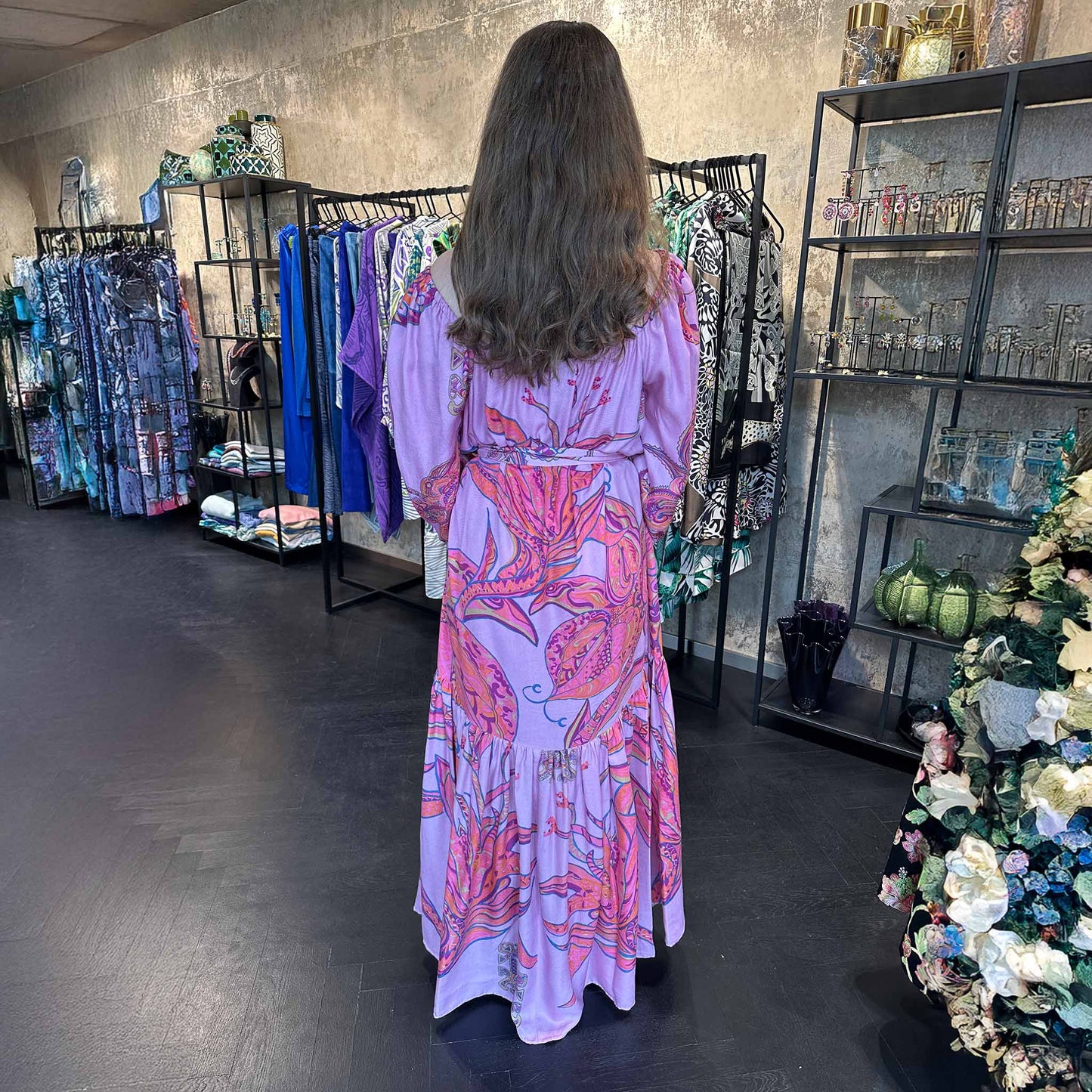 Maxi Kleid SOUL FLOWERS, handgewobene 100 % Seide, pink & purple, Unikat