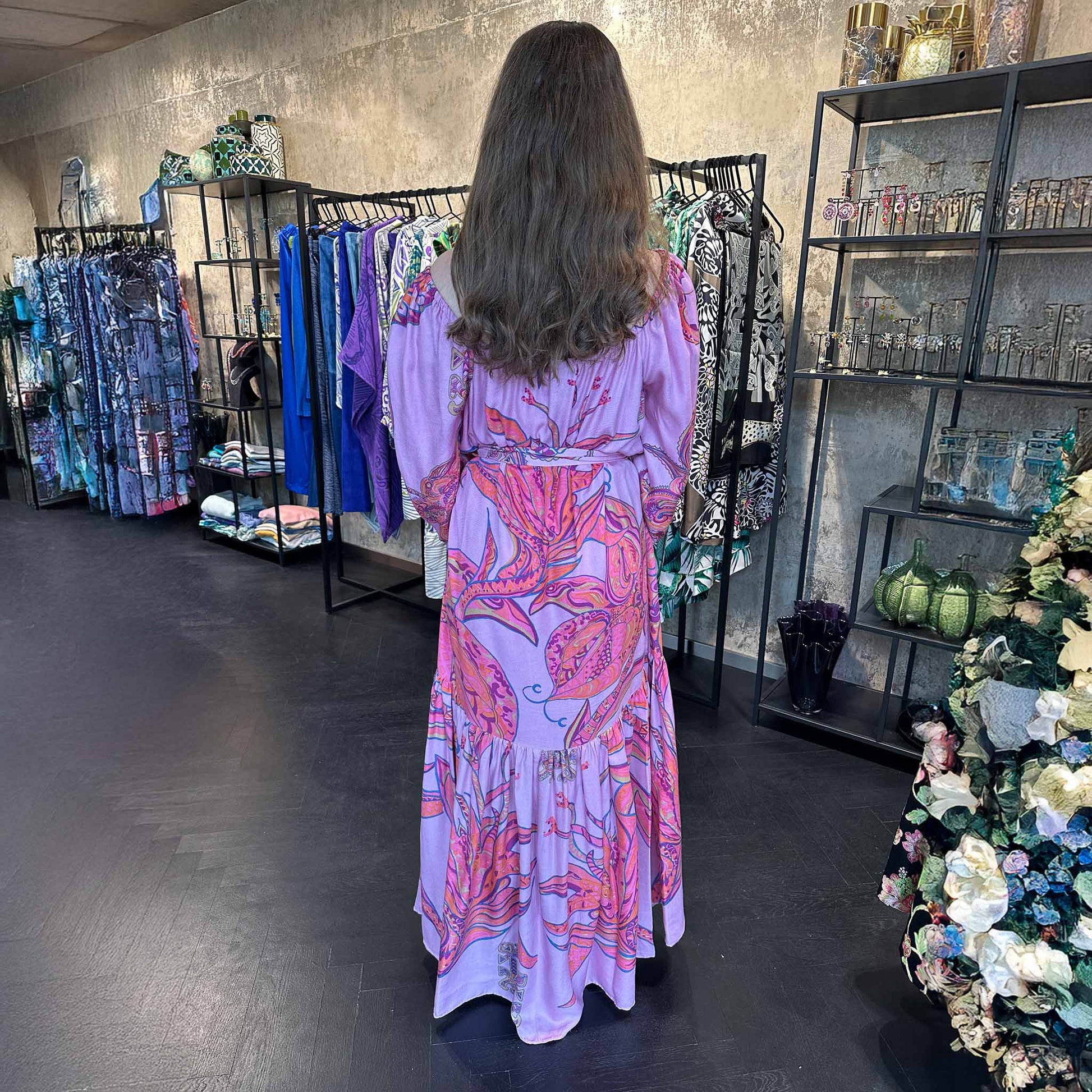 Maxi Kleid SOUL FLOWERS, handgewobene 100 % Seide, pink & purple, Unikat