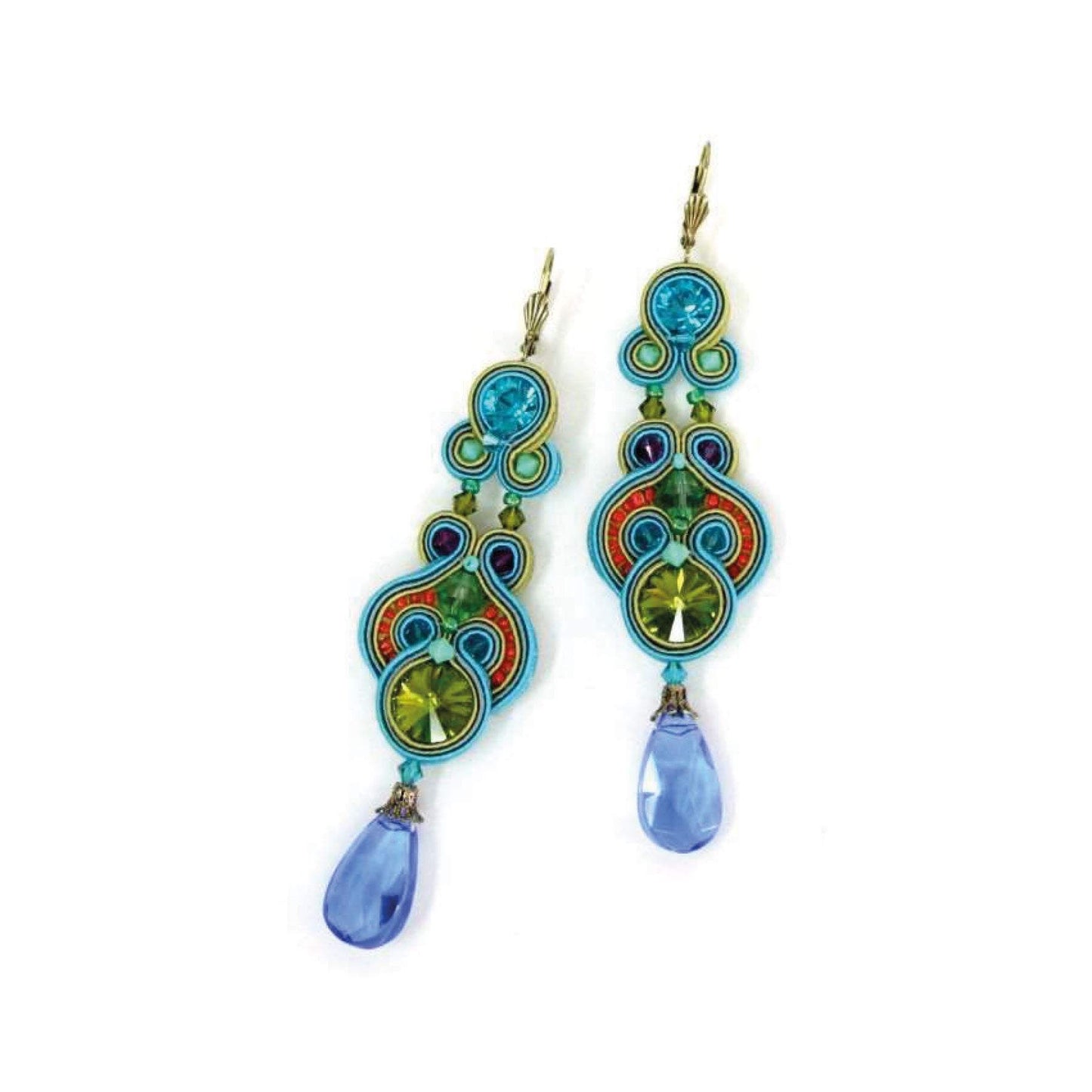 9 x  2,5 cm, türkis/grasgrün farbene Ohrringe mit Swarovski-Kristallen, Glasperlen und Kristall-Briolettes, Textilschnüre