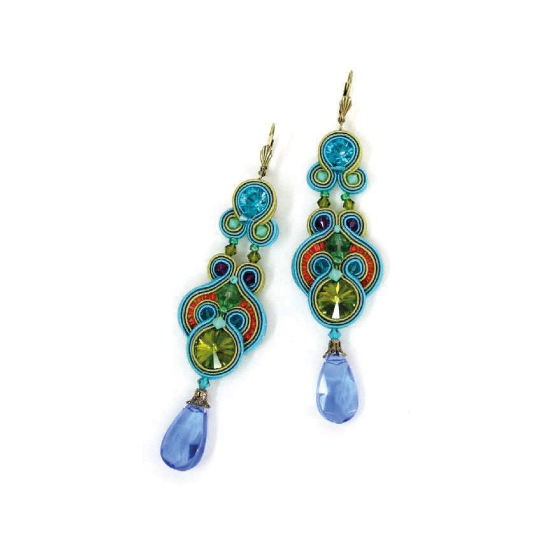 9 x  2,5 cm, türkis/grasgrün farbene Ohrringe mit Swarovski-Kristallen, Glasperlen und Kristall-Briolettes, Textilschnüre