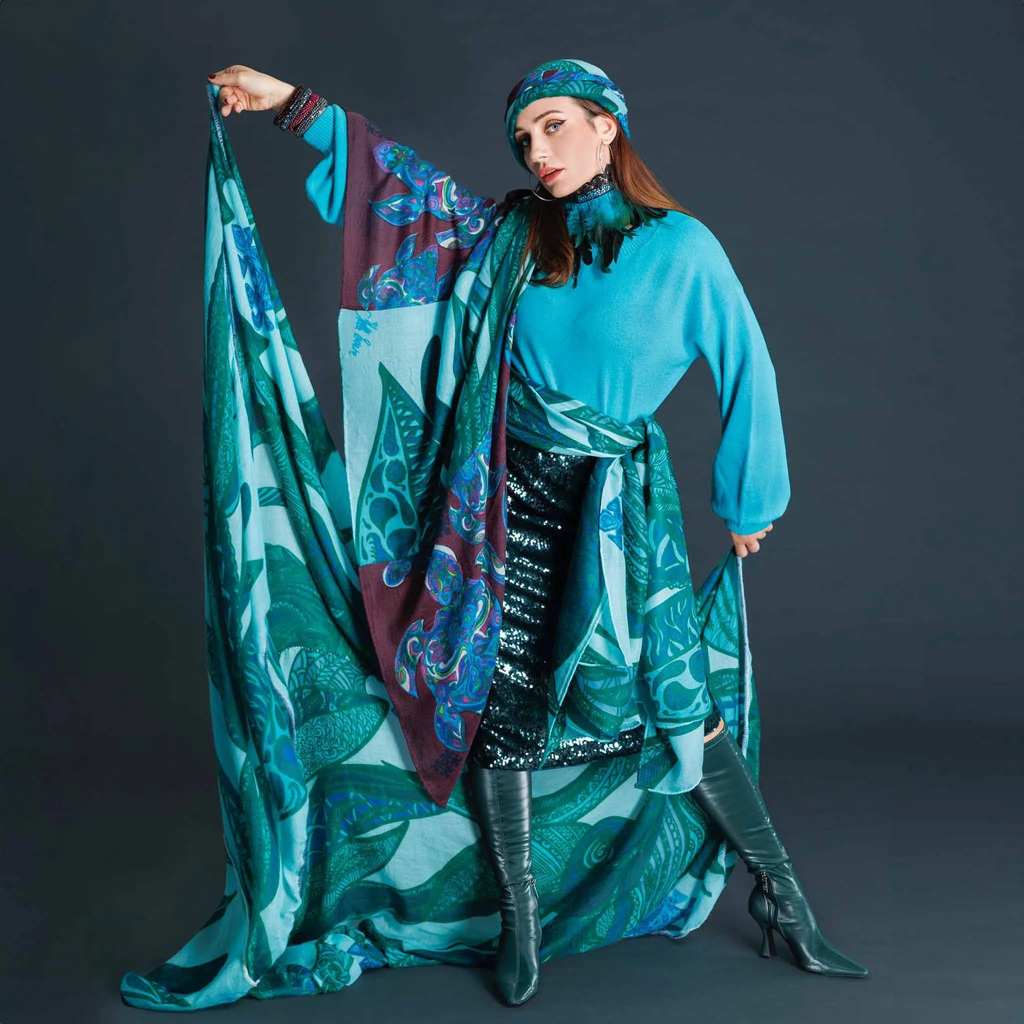 SOUL LEAVES Changra Kaschmir Schal/Stola, blau & türkis & grün, Limitiert auf 5 Stück