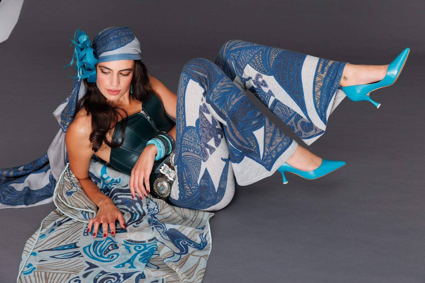 Hose SOUL LEAVES, Feinstrick Kaschmir, mit Schlag, petrol-grey, UNIKAT