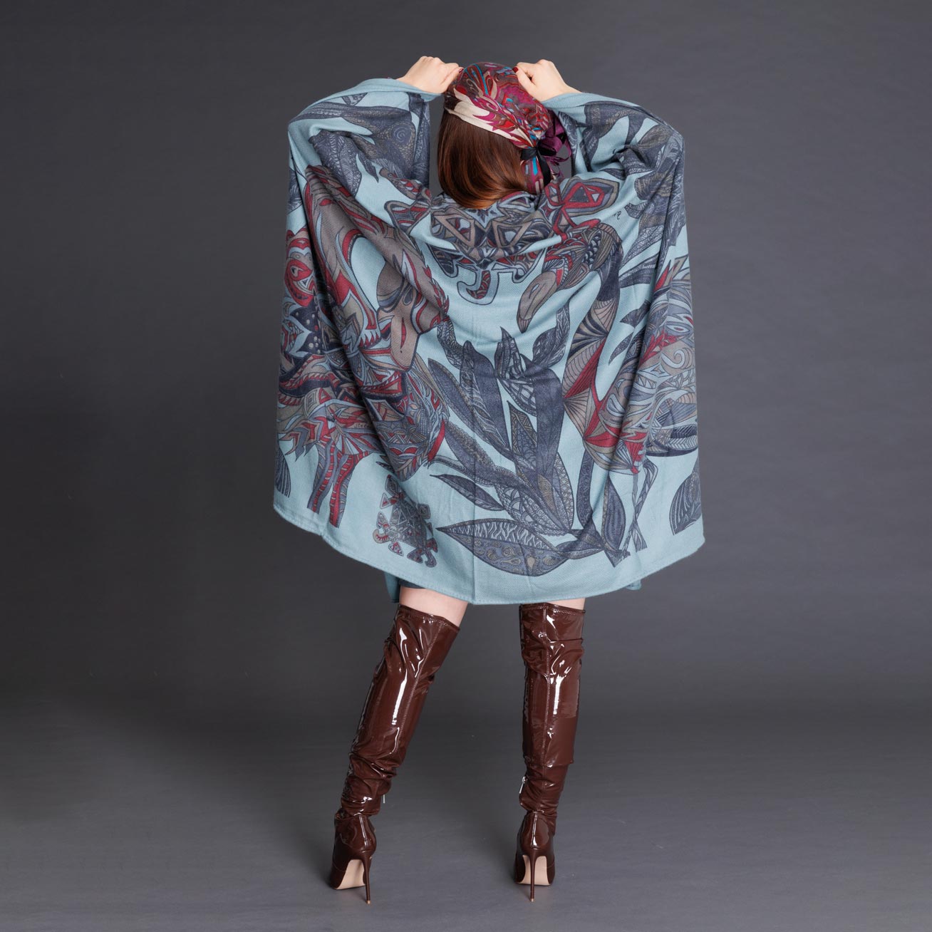 FLAMINGO GARDEN Kaschmir Cape/Stola, hellblau & bordeau & braun, limited 4/6