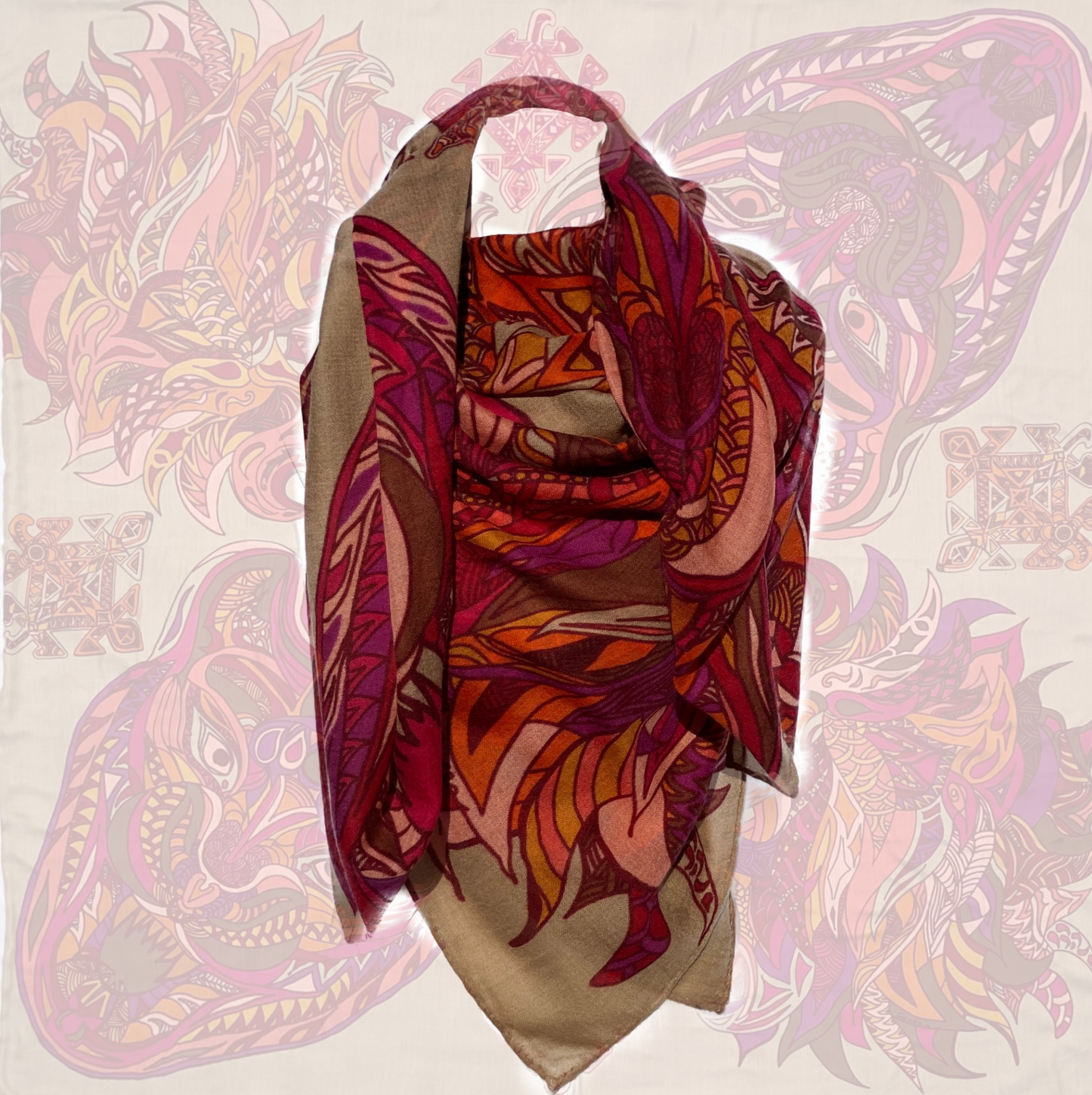 „WILD LIFE“ Kaschmir Carre Tuch, Doubleface, beige & pink orange, limitiert 4/5